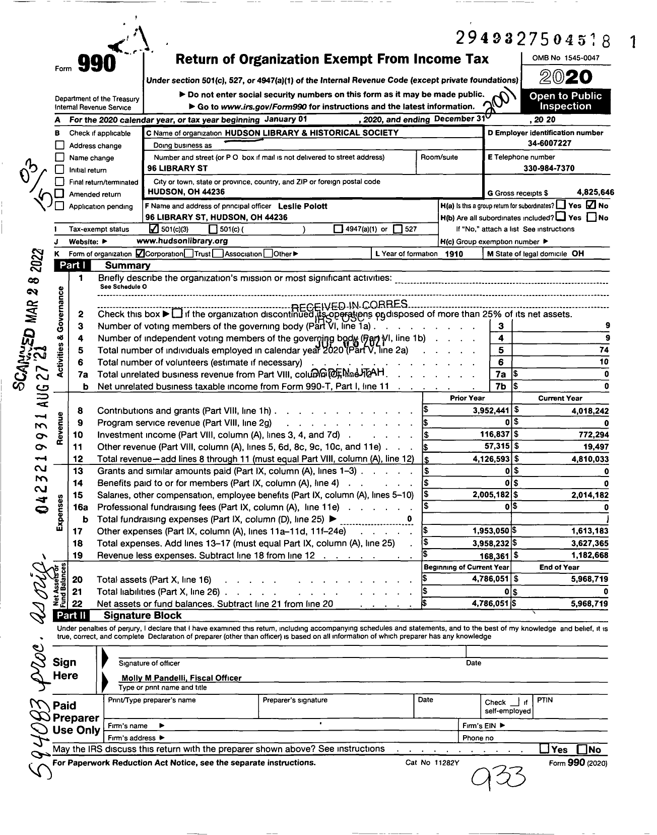 Image of first page of 2019 Form 990 for Hudson Library and Historical Society