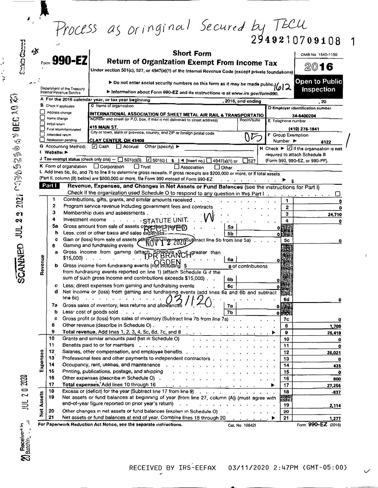 Image of first page of 2016 Form 990EO for Smart Union - 1529 TD