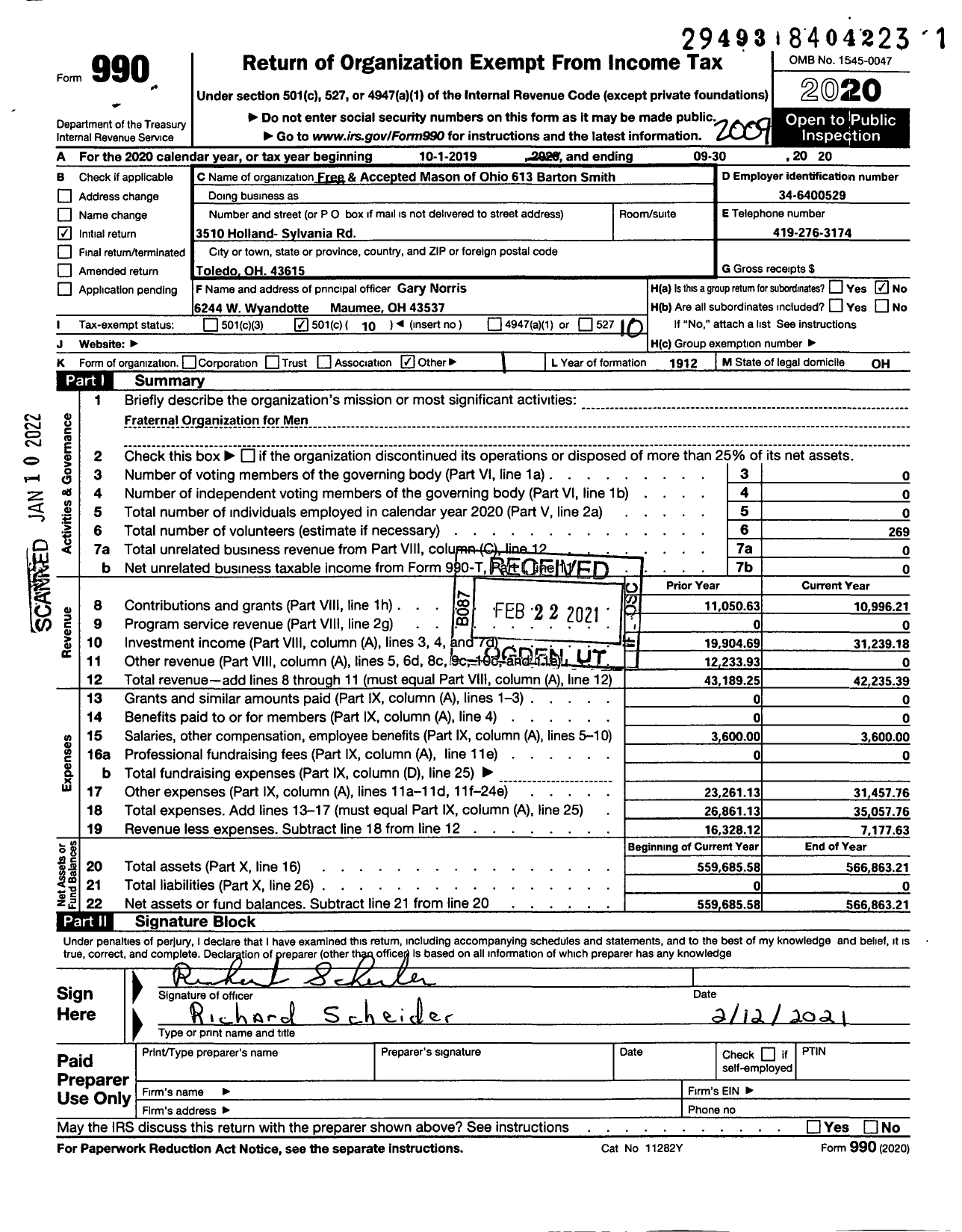 Image of first page of 2019 Form 990O for Free & Accepted Masons of Ohio - 613 Barton Smith Lodge