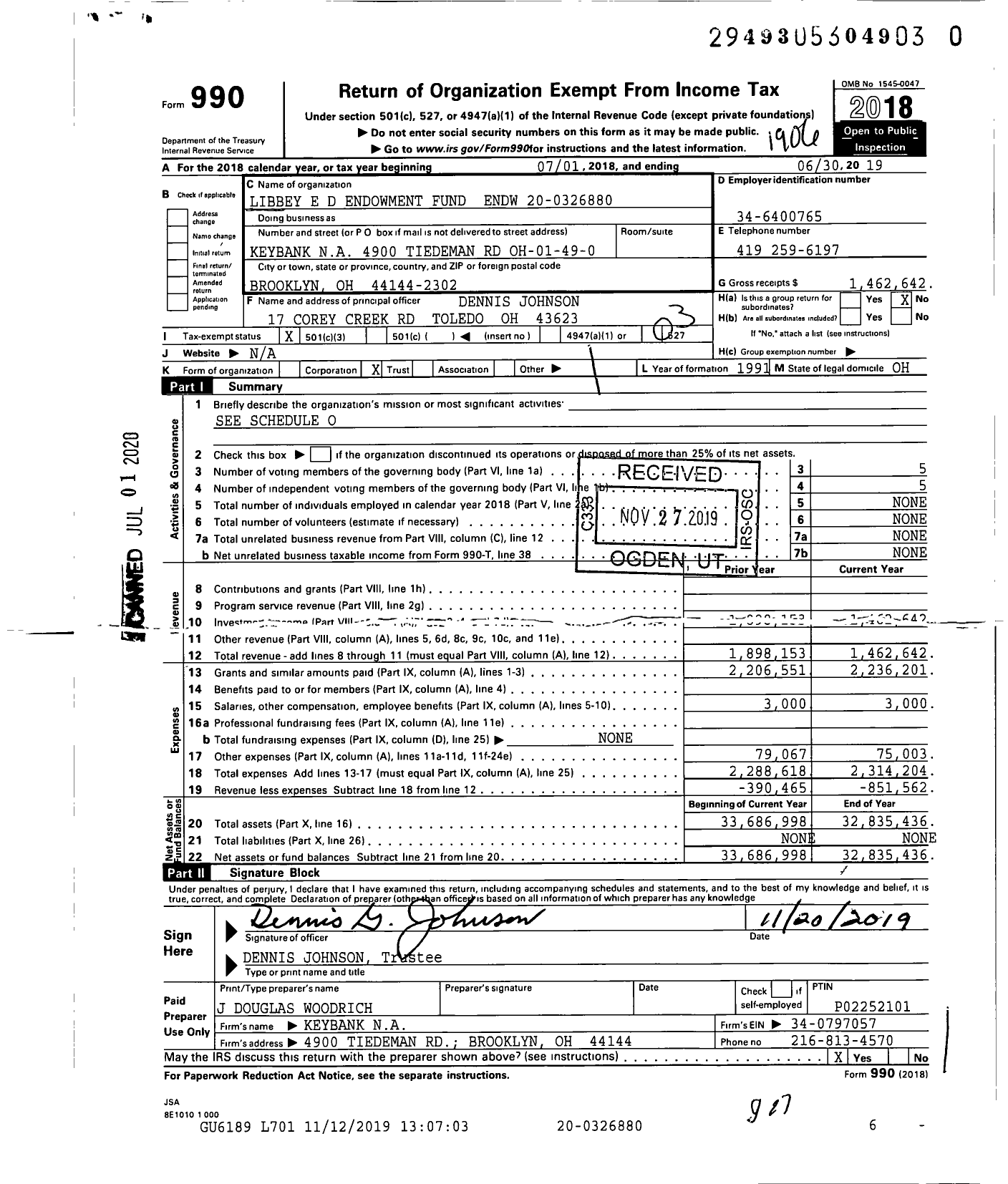 Image of first page of 2018 Form 990 for Libbey E D Endowment Fund Endw