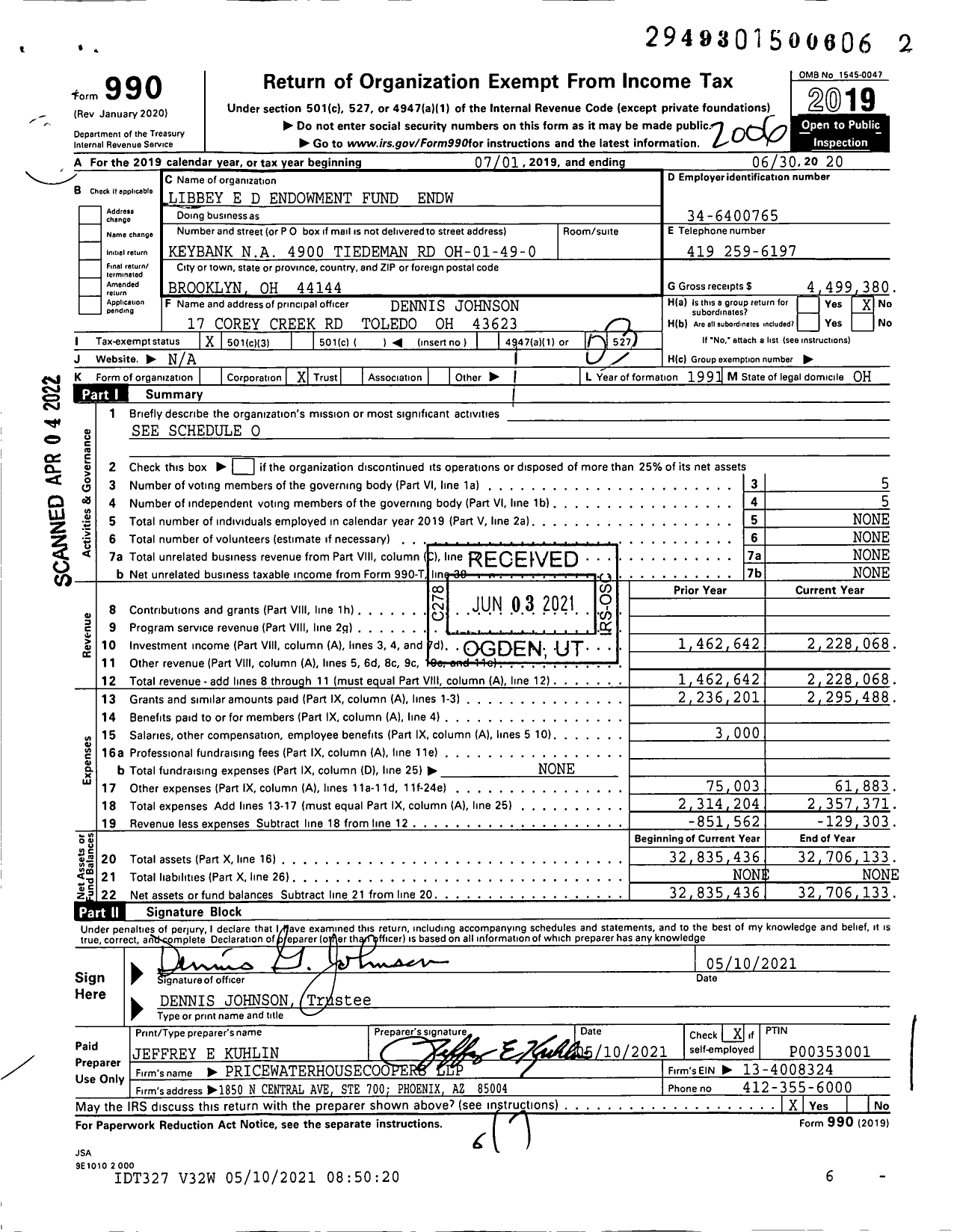 Image of first page of 2019 Form 990 for Libbey E D Endowment Fund Endw