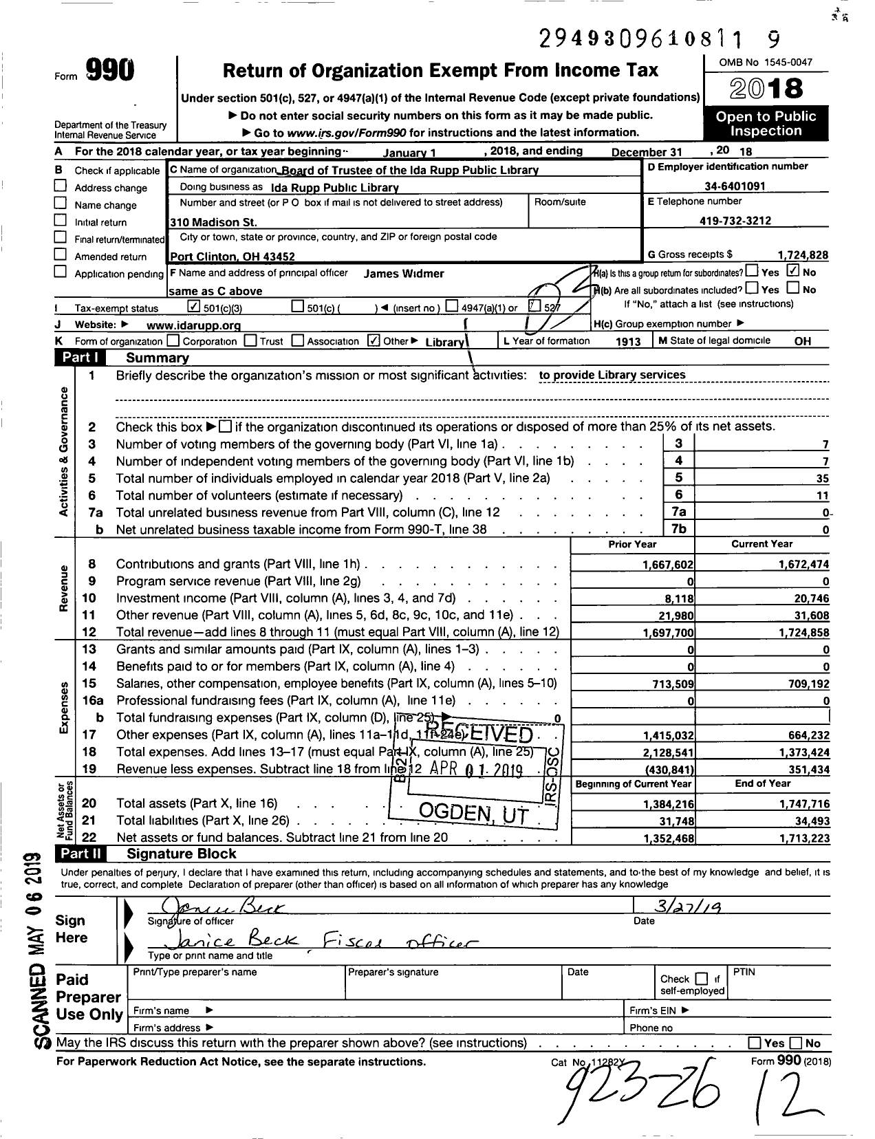 Image of first page of 2018 Form 990 for Board of Trustee of the Ida Rupp Public Library