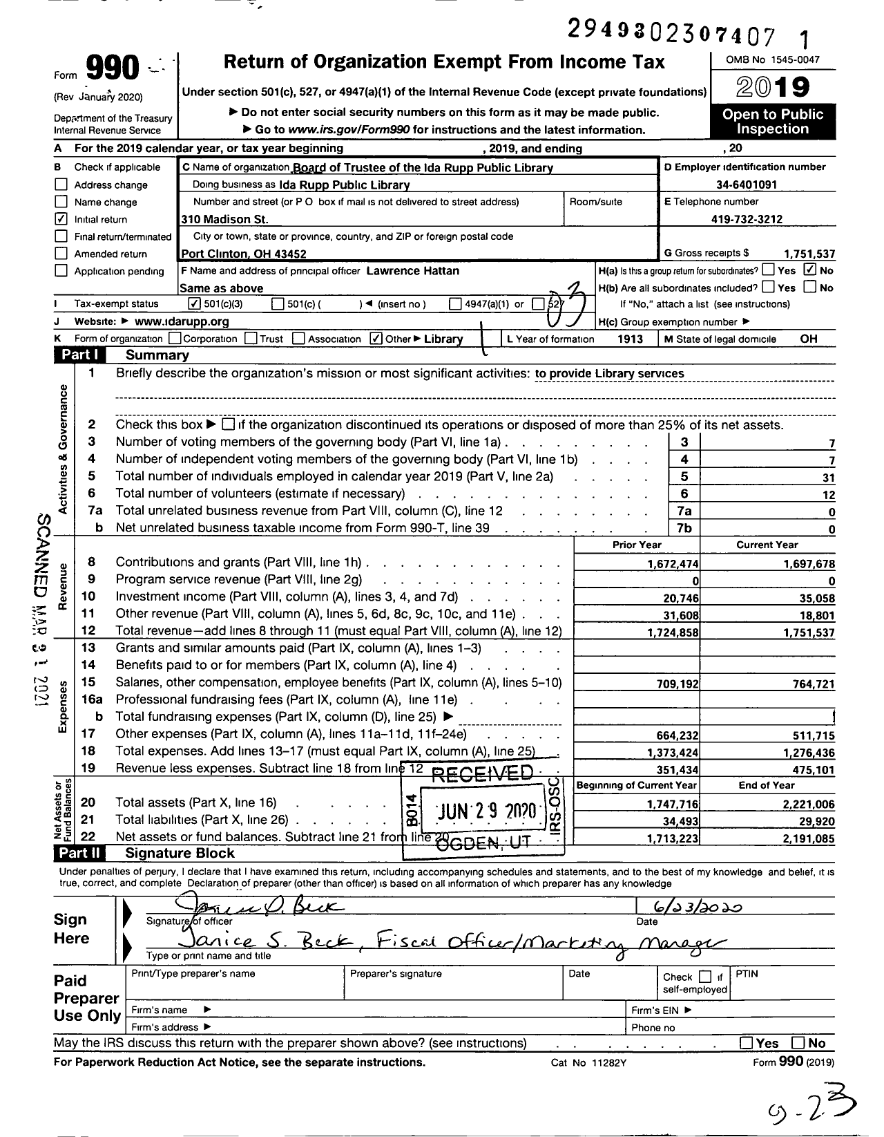 Image of first page of 2019 Form 990 for Board of Trustee of the Ida Rupp Public Library