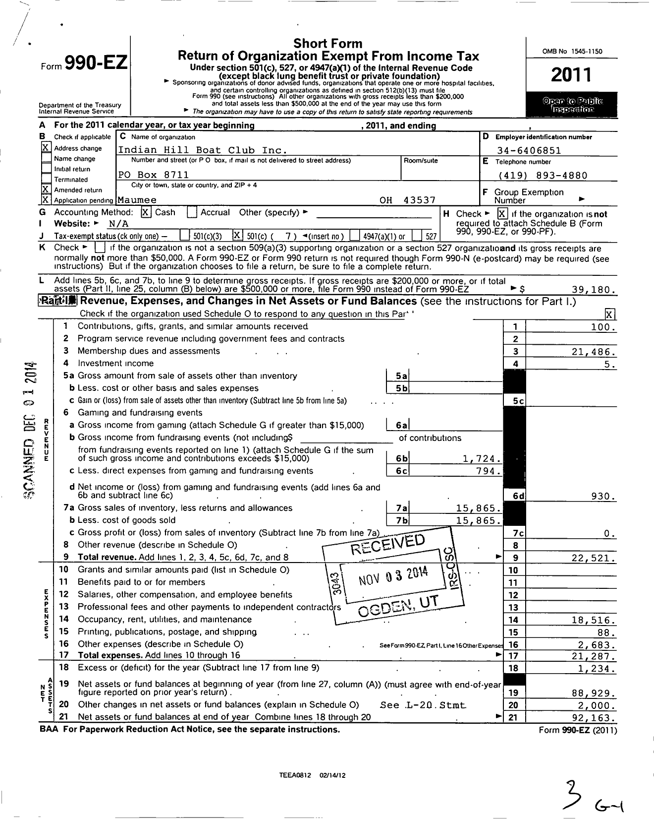 Image of first page of 2011 Form 990EO for Indian Hill Boat Club