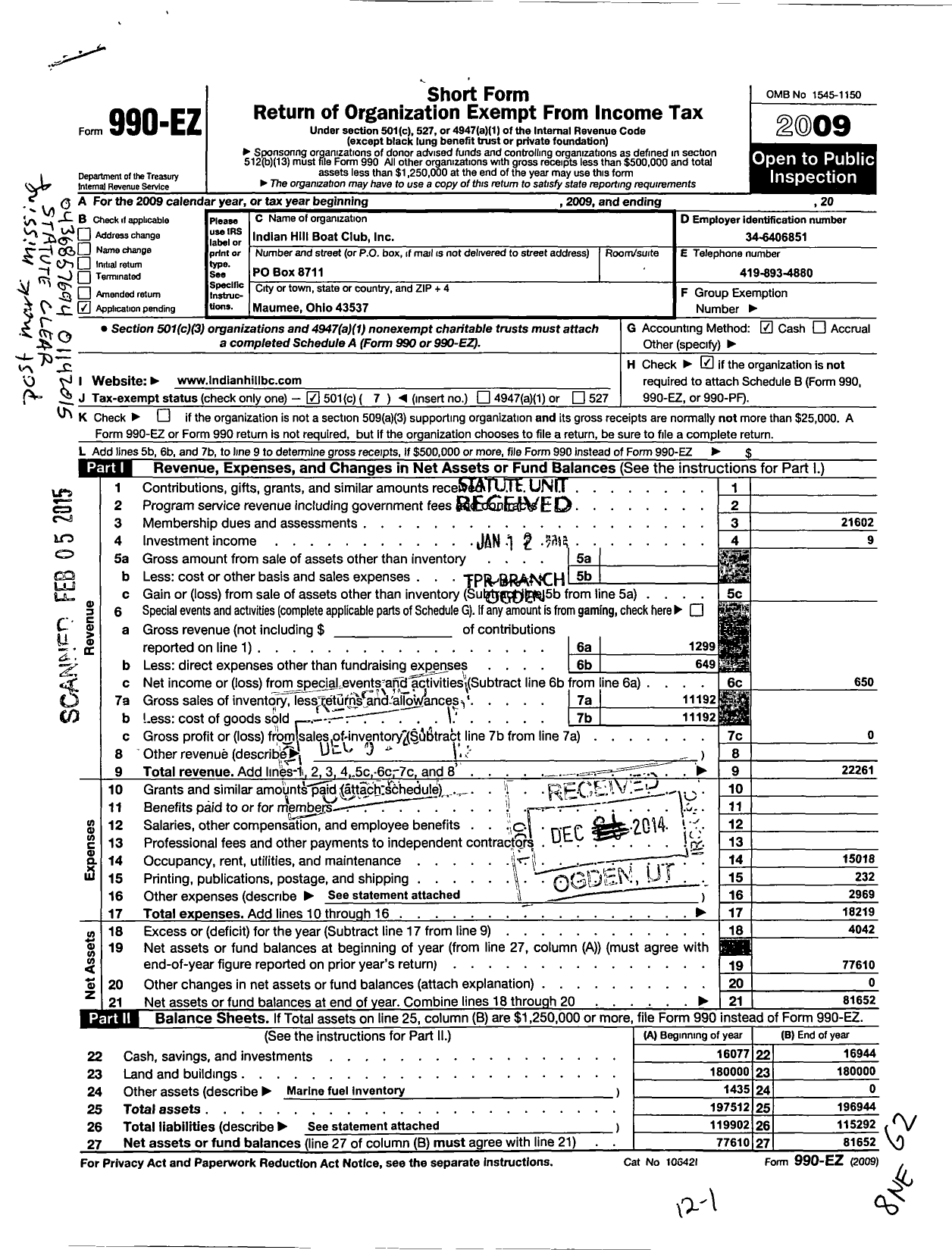 Image of first page of 2009 Form 990EO for Indian Hill Boat Club