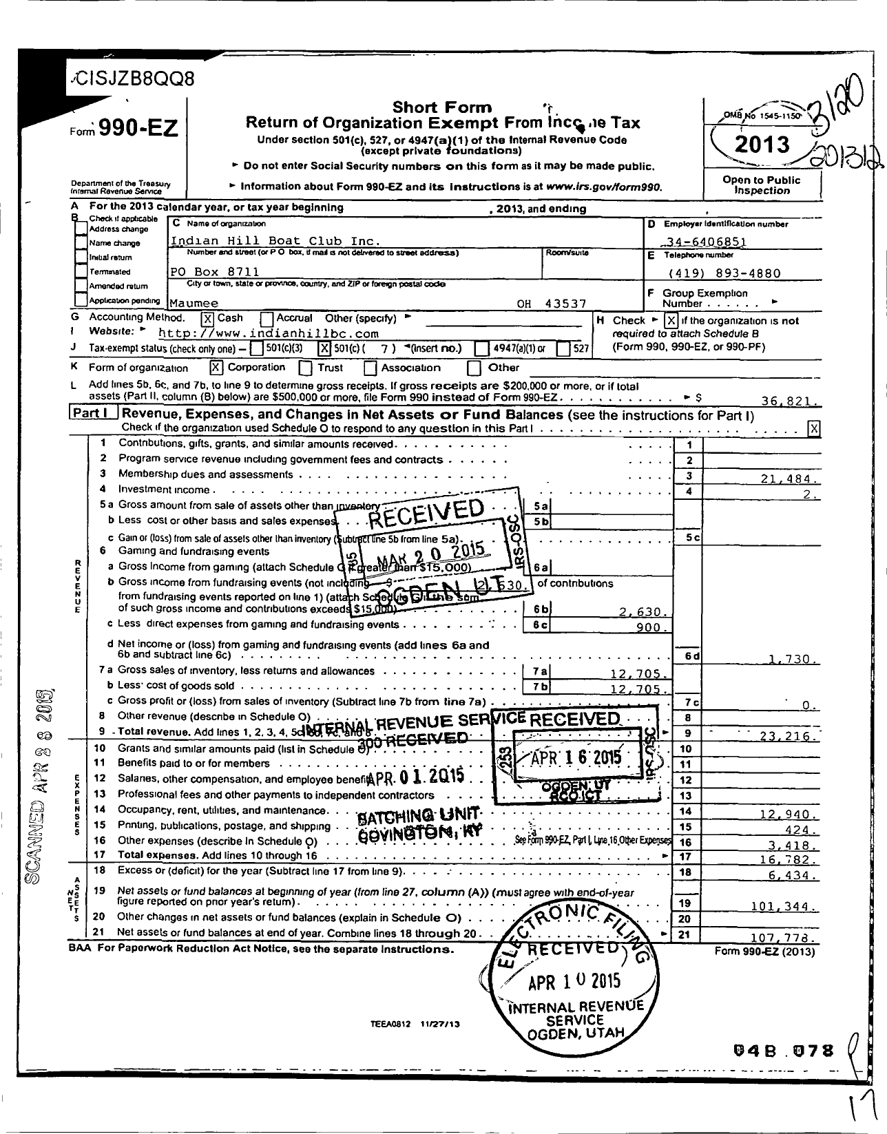 Image of first page of 2013 Form 990EO for Indian Hill Boat Club