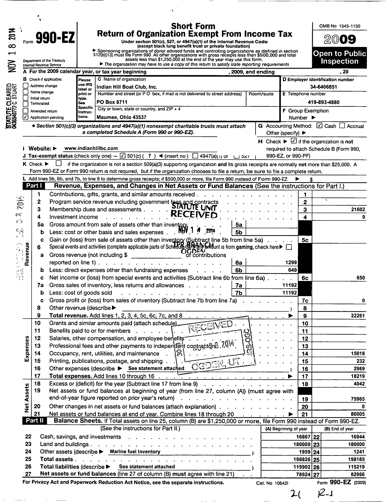 Image of first page of 2009 Form 990EO for Indian Hill Boat Club