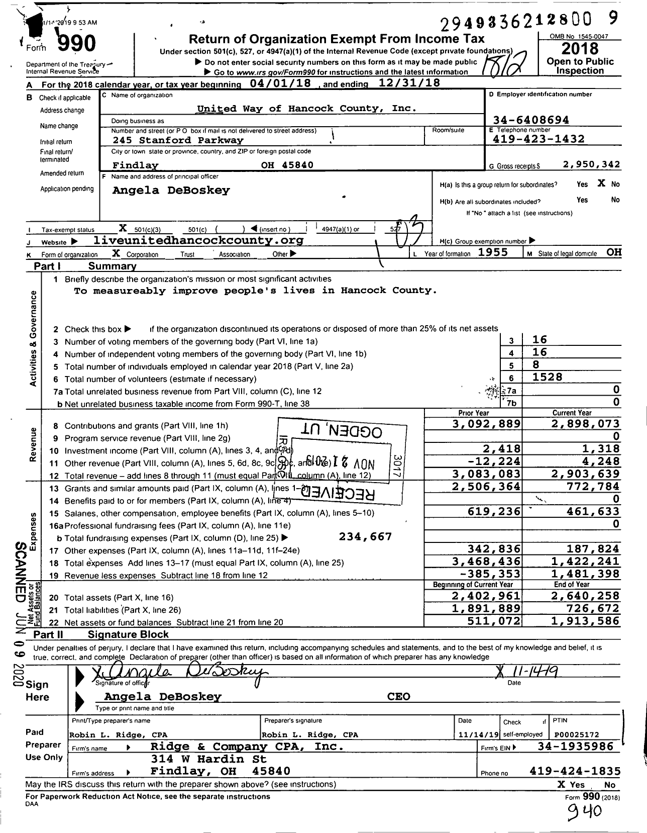 Image of first page of 2018 Form 990 for United Way of Hancock County