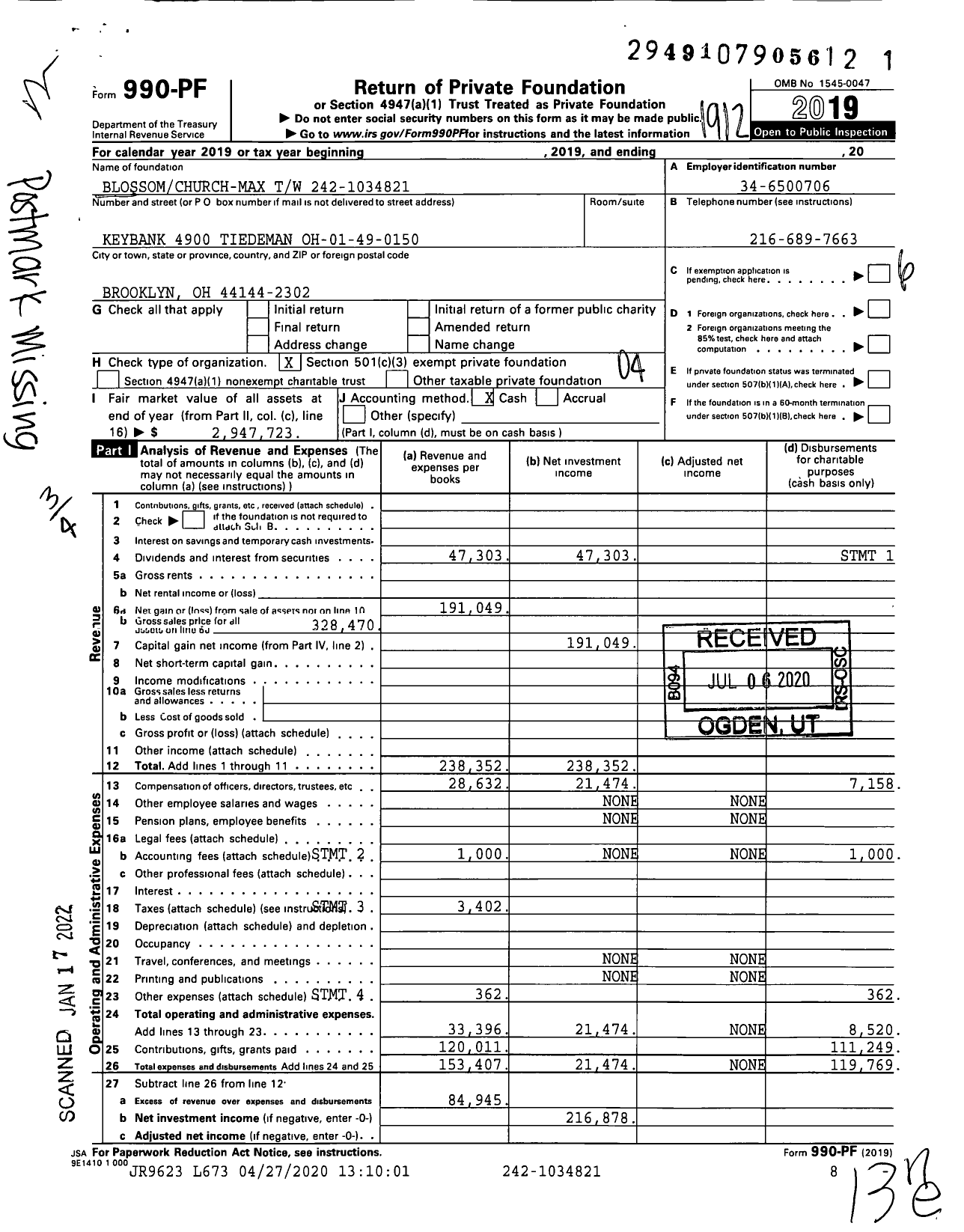 Image of first page of 2019 Form 990PF for Blossomchurch TW