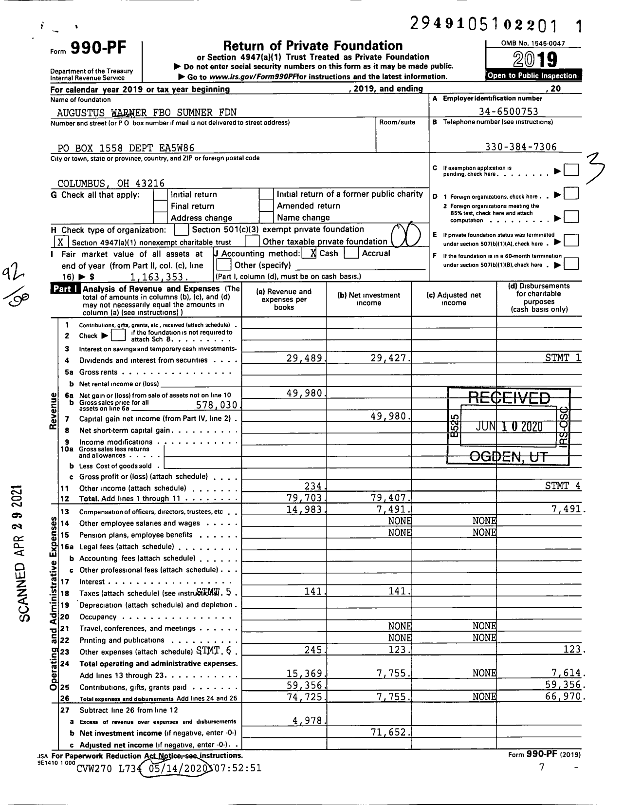 Image of first page of 2019 Form 990PF for Augustus Warner Fbo Sumner Foundation