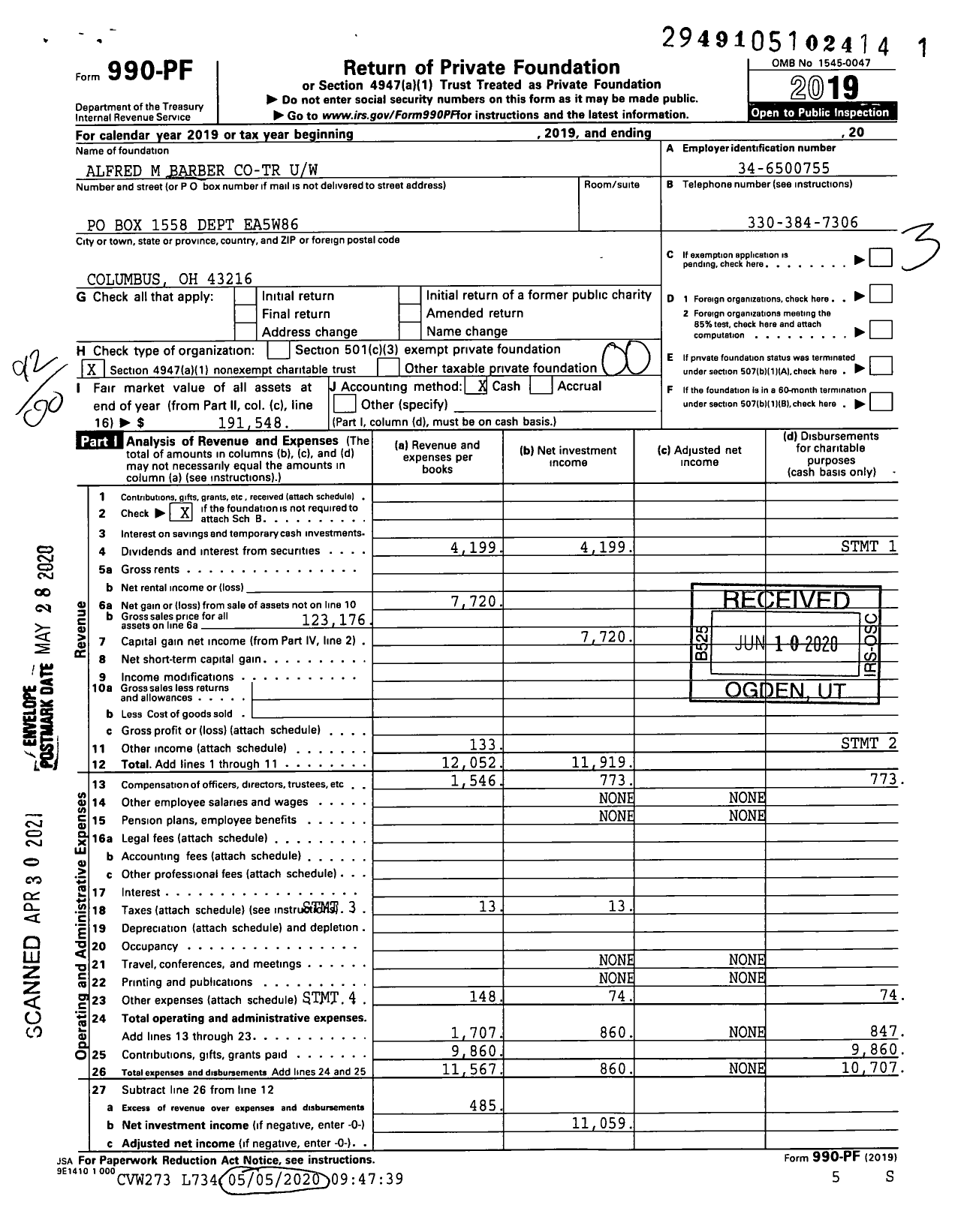 Image of first page of 2019 Form 990PF for Alfred M Barber Co-Tr Uw