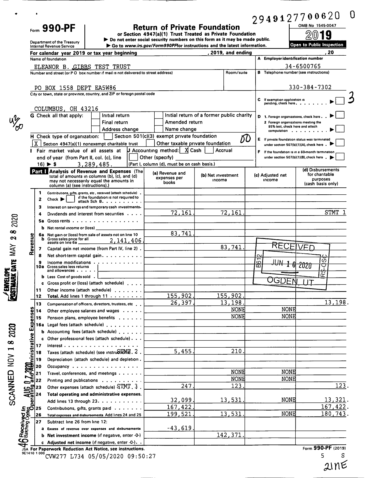 Image of first page of 2019 Form 990PF for Eleanor B Gibbs Test Trust