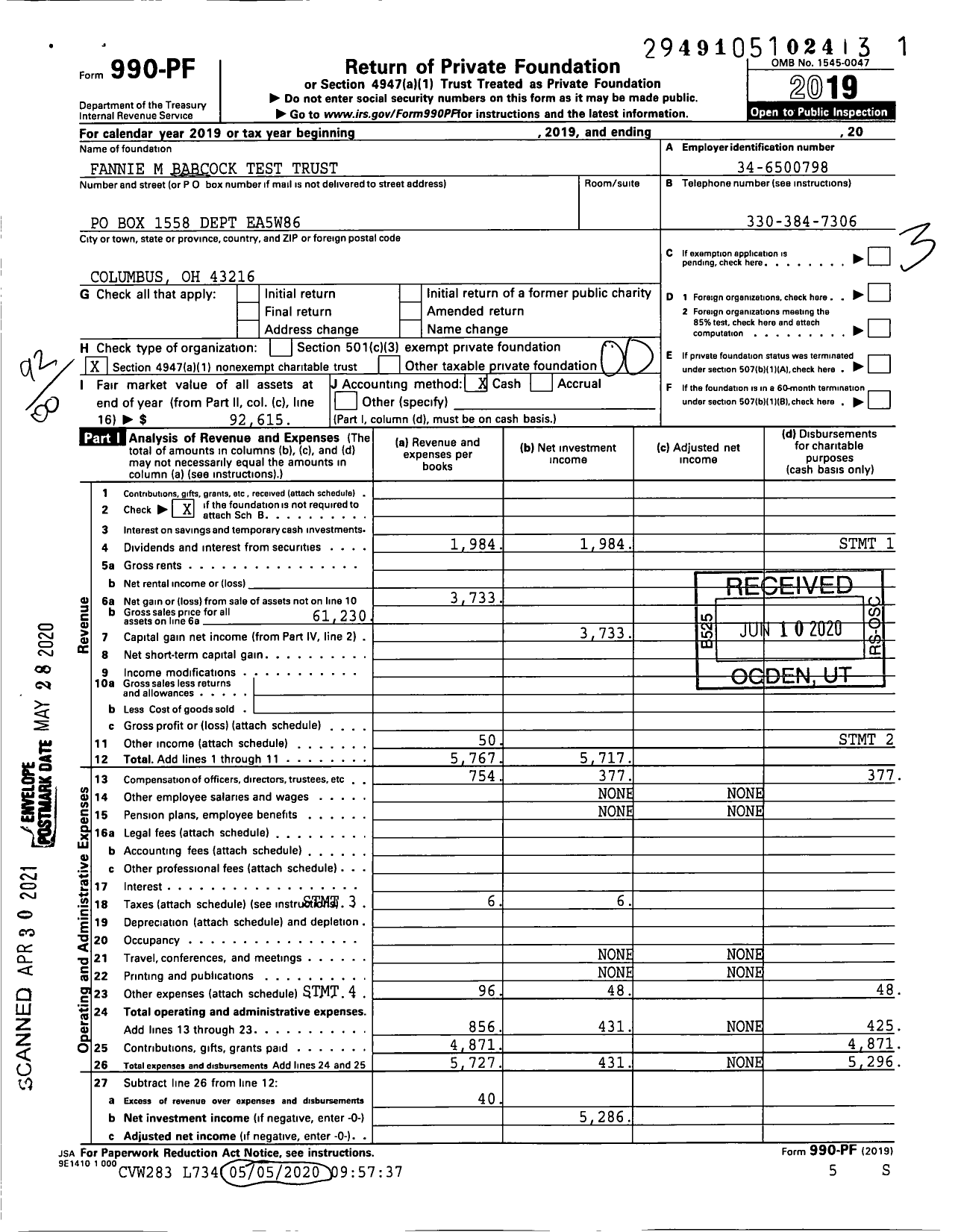 Image of first page of 2019 Form 990PF for Fannie M Babcock Test Trust