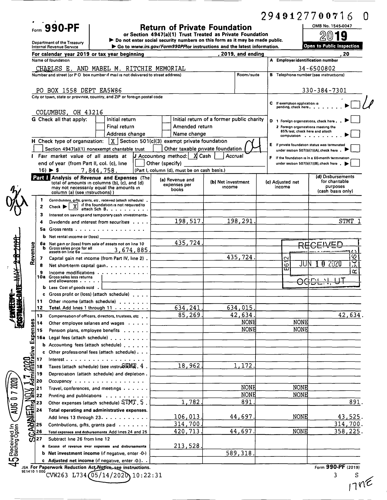 Image of first page of 2019 Form 990PF for Charles E and Mabel M Ritchie Memorial