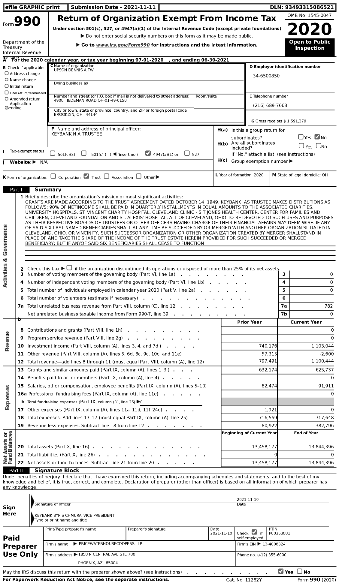 Image of first page of 2020 Form 990 for Upson Dennis A TW