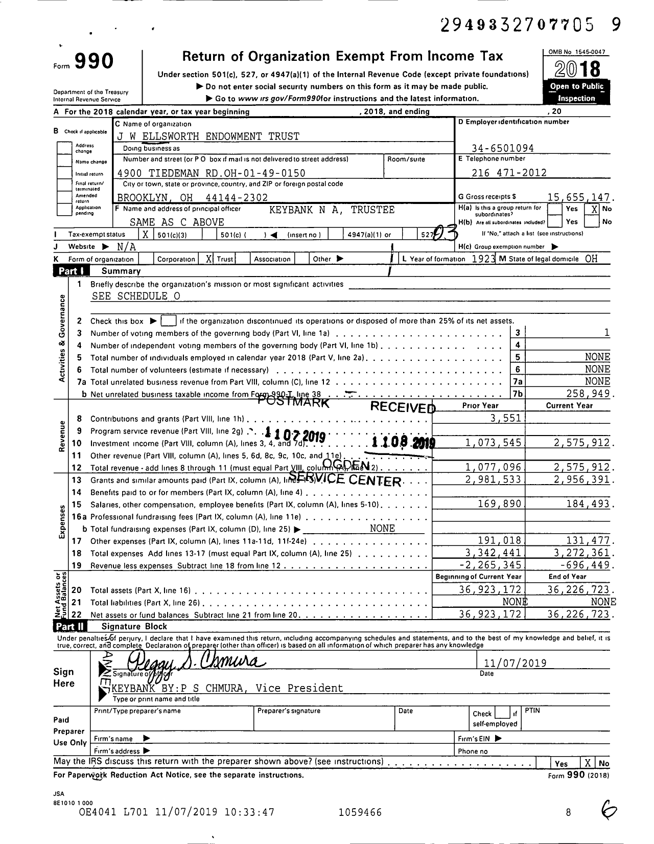 Image of first page of 2018 Form 990 for J.W. Ellsworth Endowment Trust