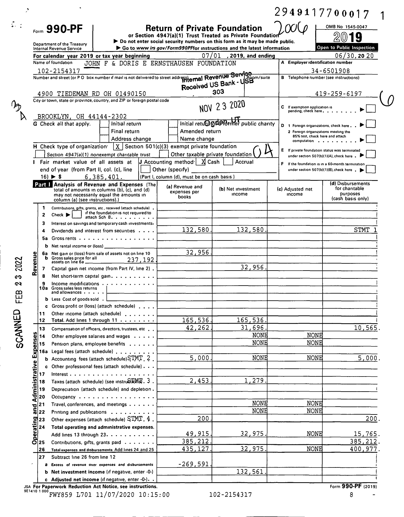 Image of first page of 2019 Form 990PF for John F and Doris E Ernsthausen Foundation