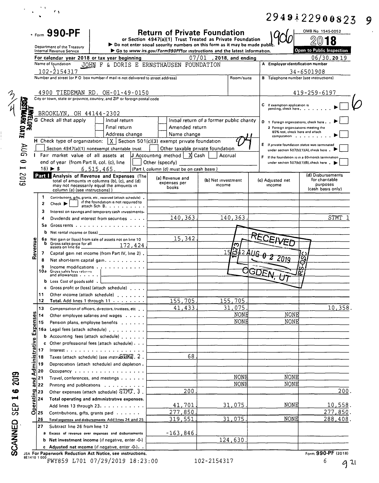 Image of first page of 2018 Form 990PF for John F and Doris E Ernsthausen Foundation