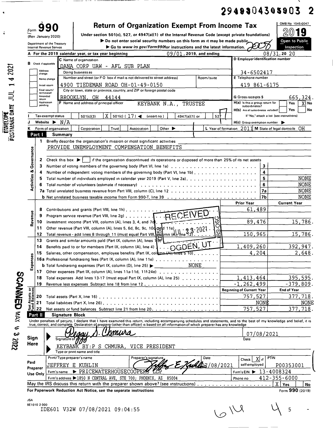 Image of first page of 2019 Form 990O for Dana Corp Uaw - Afl Sub Plan