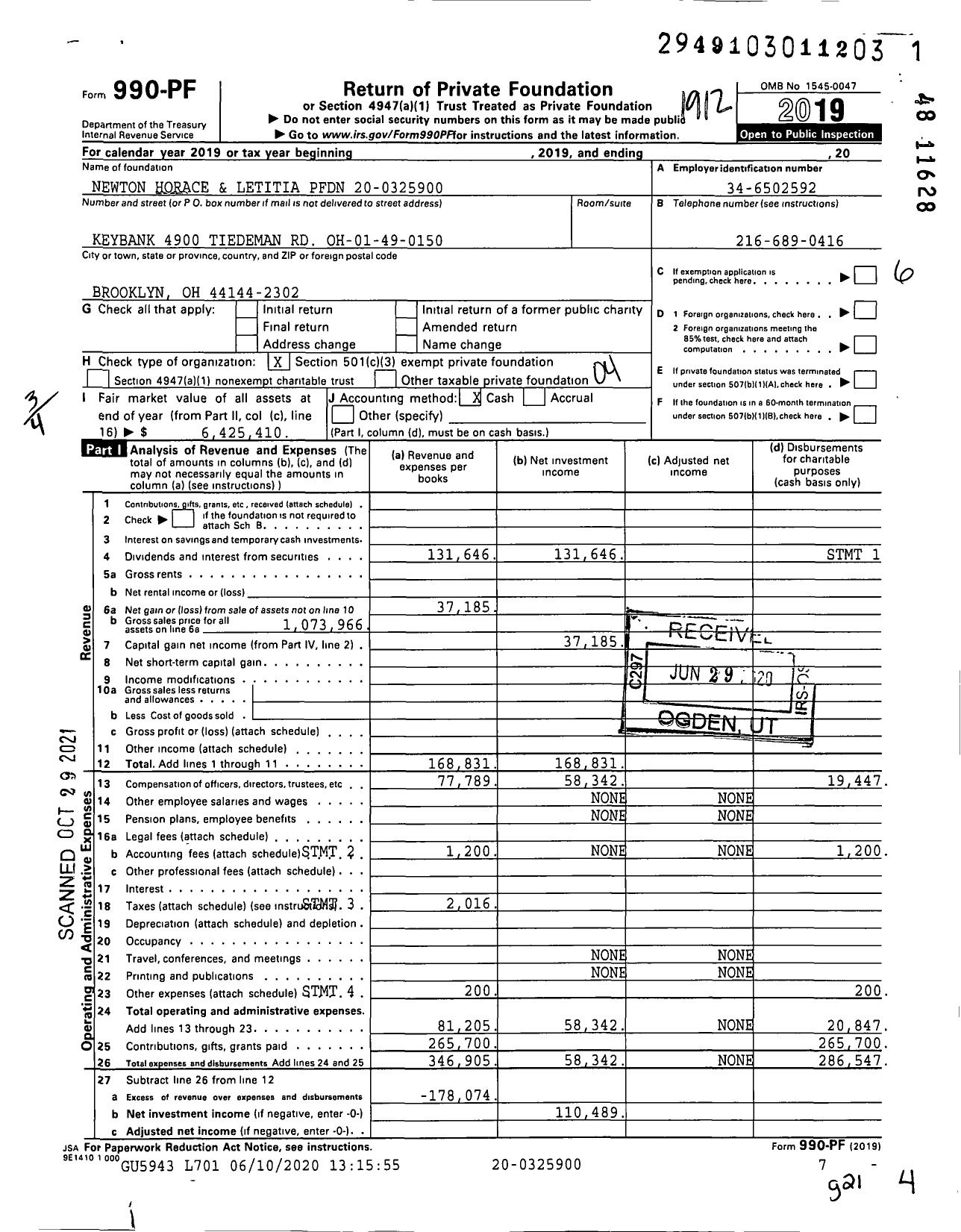 Image of first page of 2019 Form 990PF for Newton Horace and Letitia PFDN