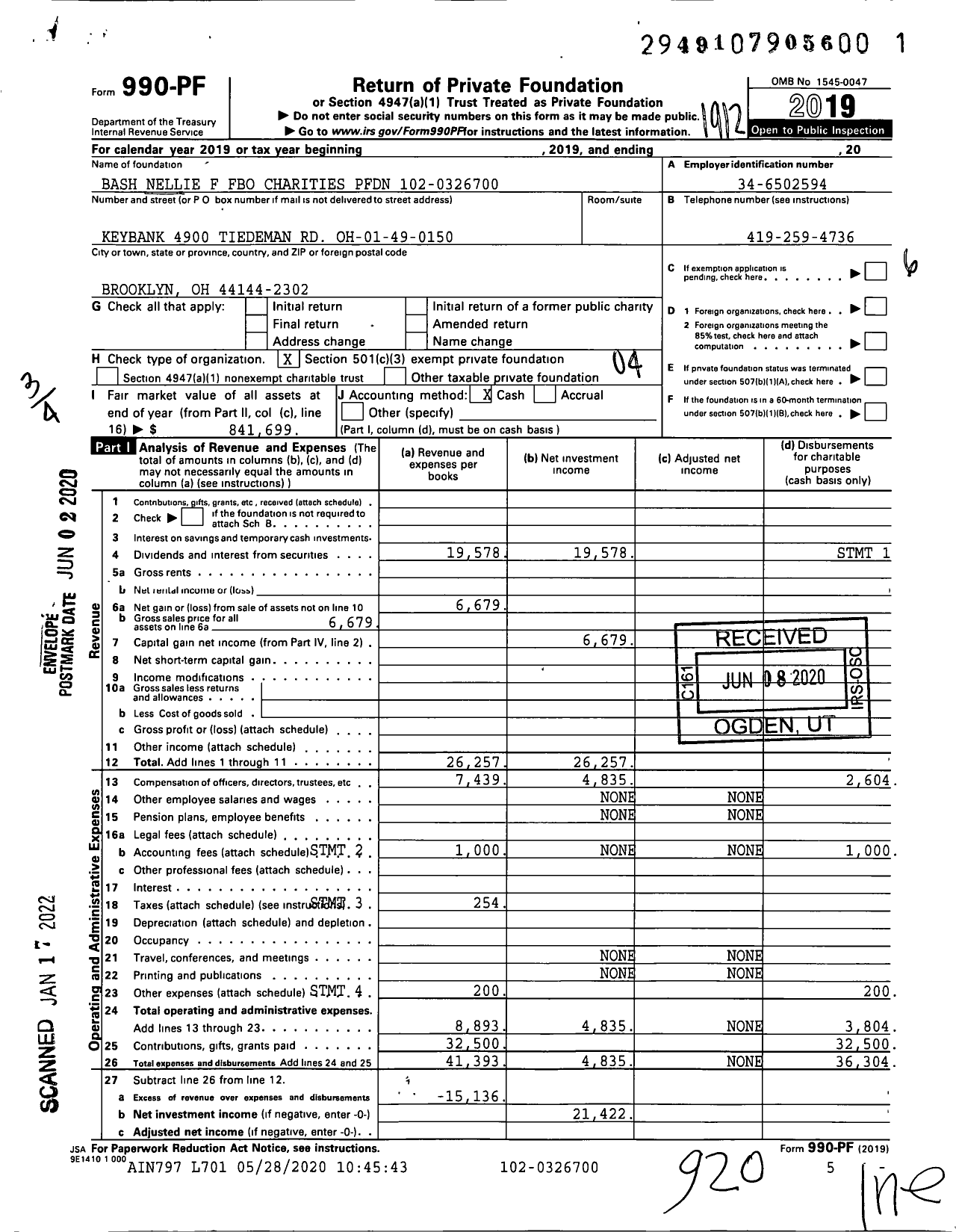 Image of first page of 2019 Form 990PF for Bash Nellie F Fbo Charities PFDN