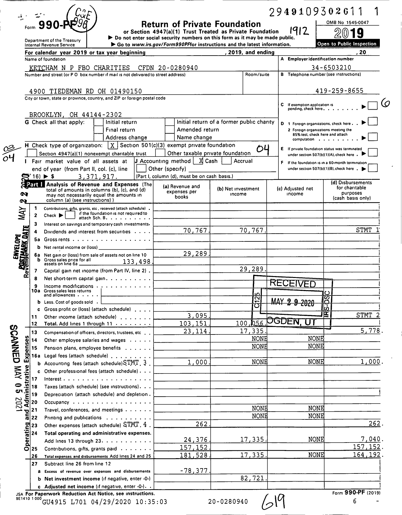 Image of first page of 2019 Form 990PF for Ketcham N P Fbo Charities CFDN