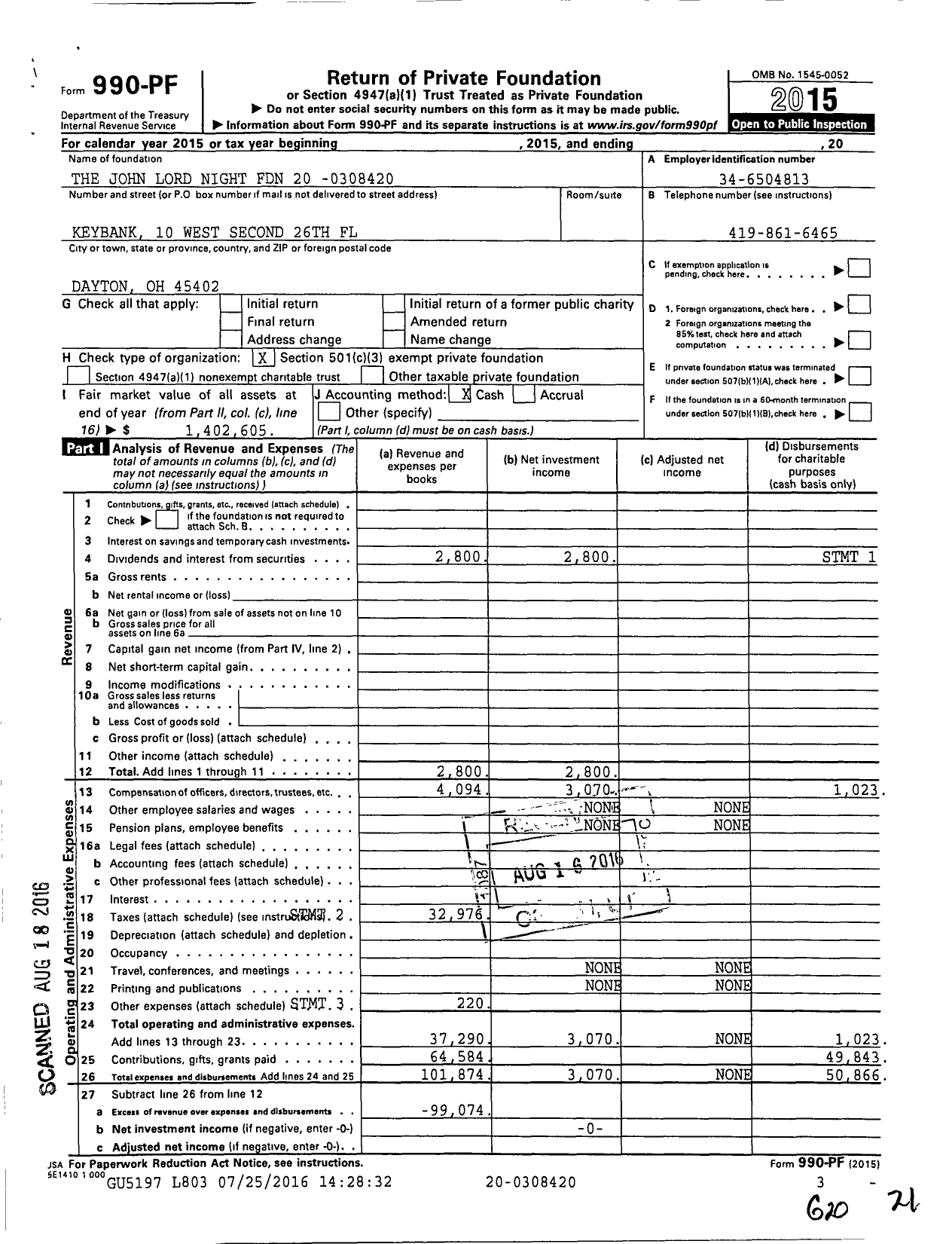 Image of first page of 2015 Form 990PF for John Lord Knight Foundation