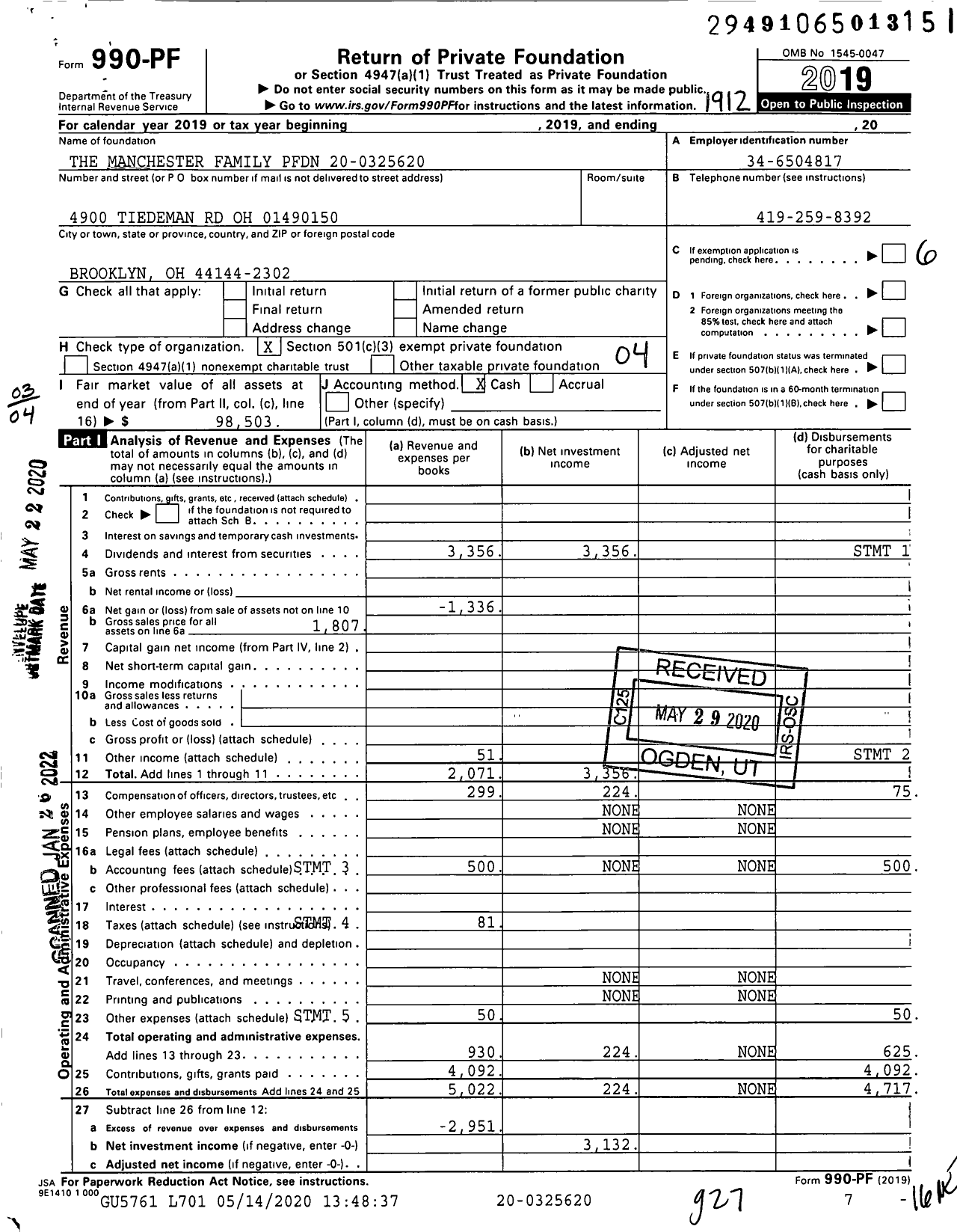 Image of first page of 2019 Form 990PF for The Manchester Family PFDN