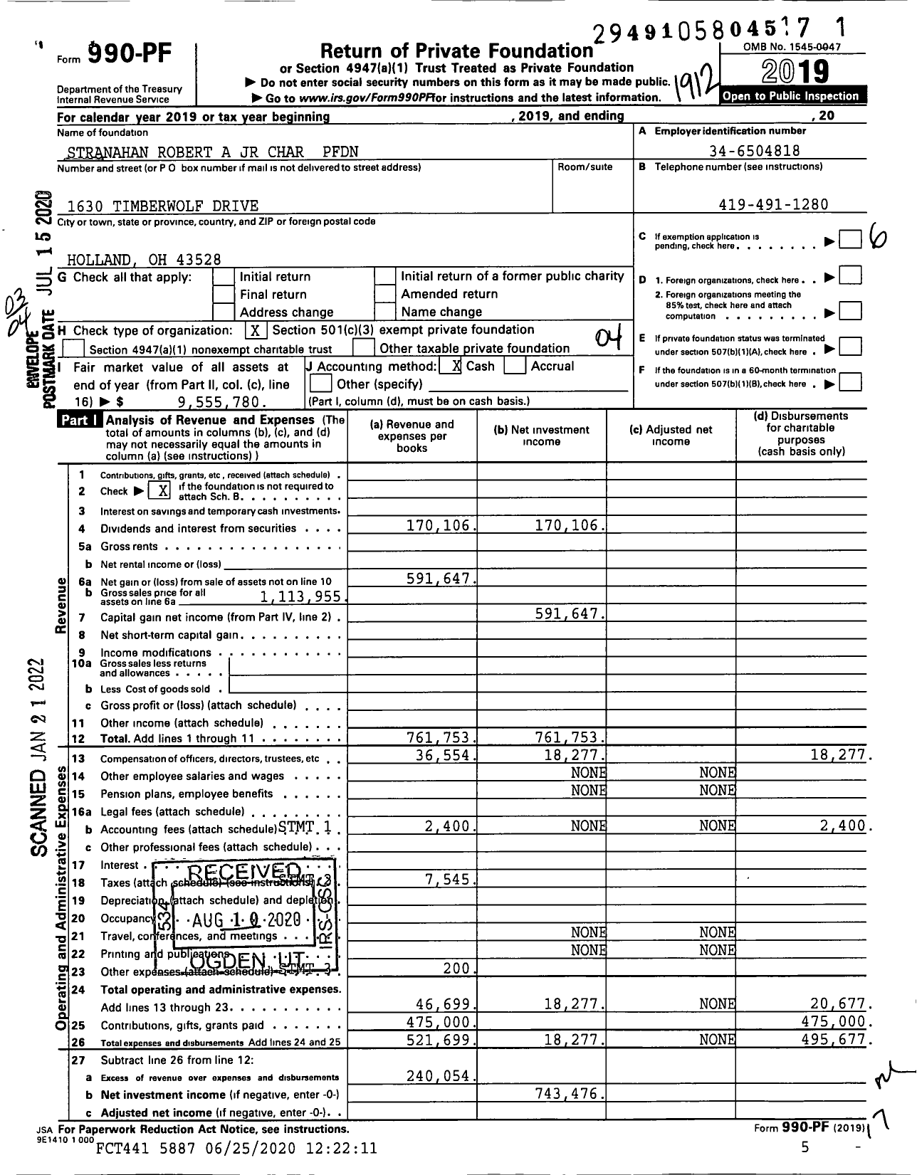 Image of first page of 2019 Form 990PF for Stranahan Robert A JR Char PFDN