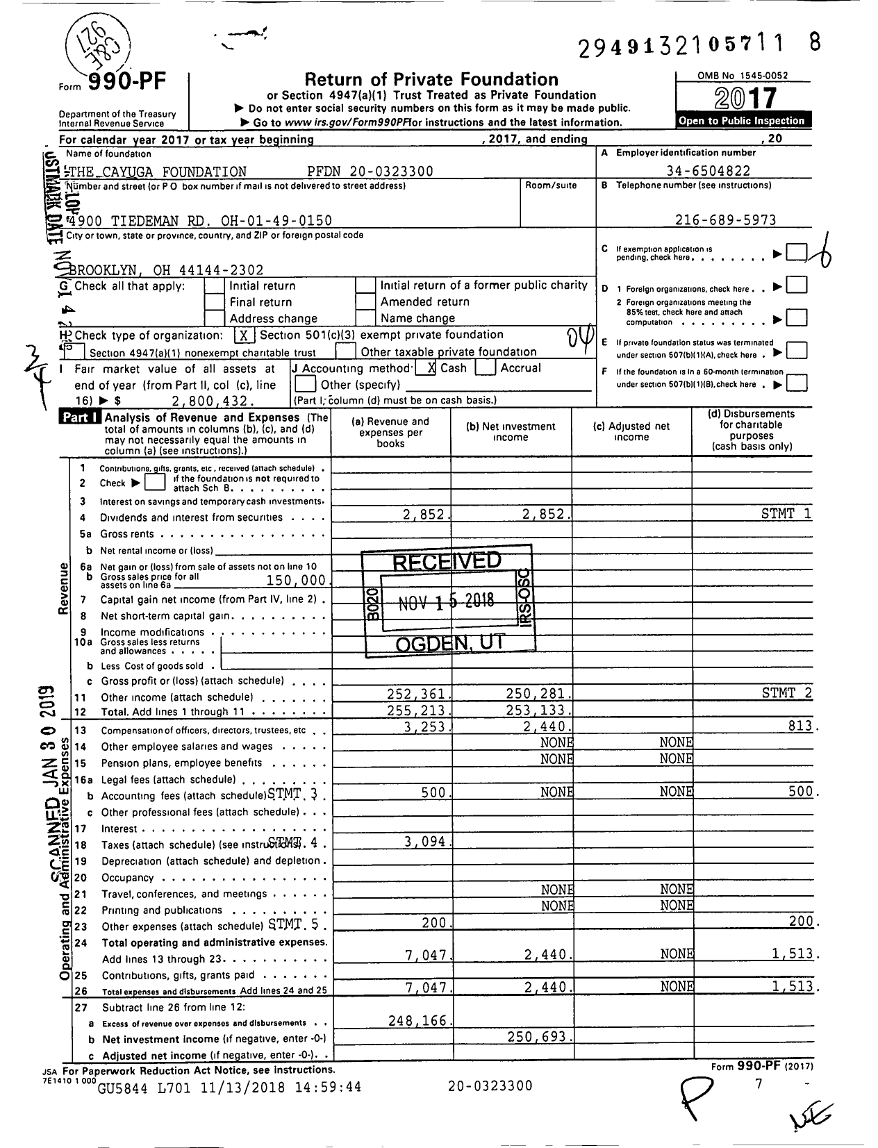 Image of first page of 2017 Form 990PF for The Cayuga Foundation PFDN