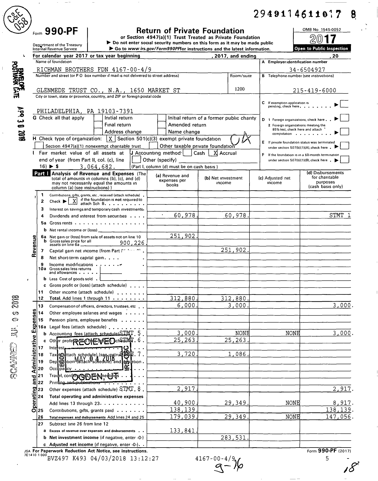 Image of first page of 2017 Form 990PF for Richman Brothers Foundation