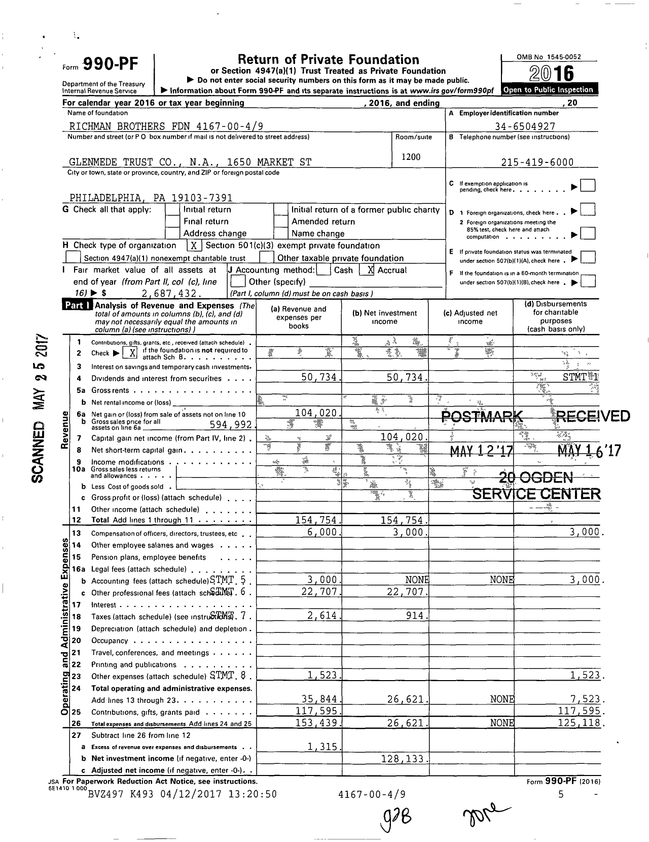 Image of first page of 2016 Form 990PF for Richman Brothers Foundation