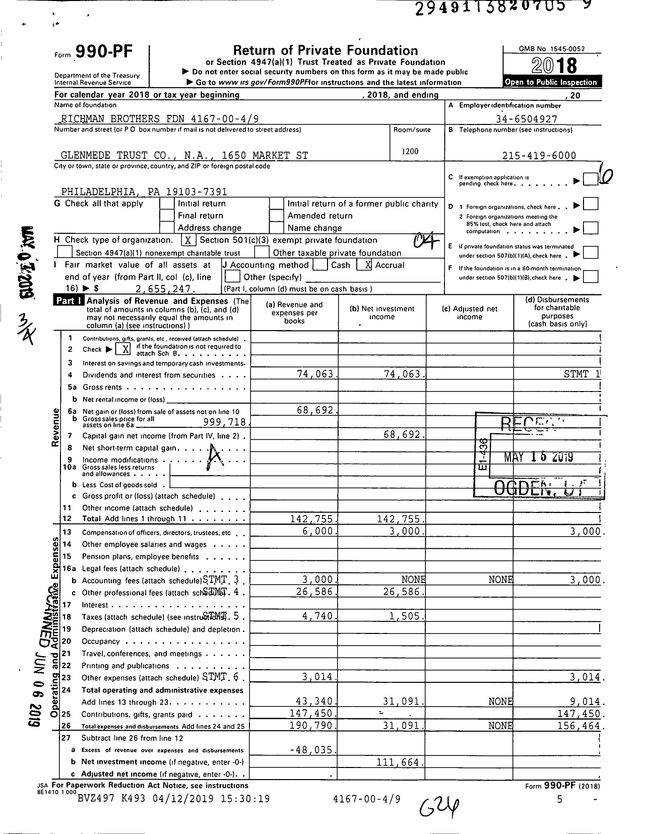 Image of first page of 2018 Form 990PF for Richman Brothers Foundation
