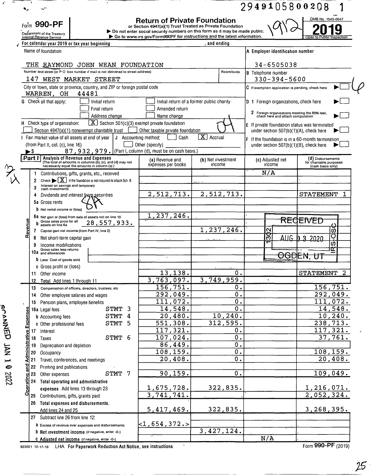 Image of first page of 2019 Form 990PF for Raymond John Wean Foundation