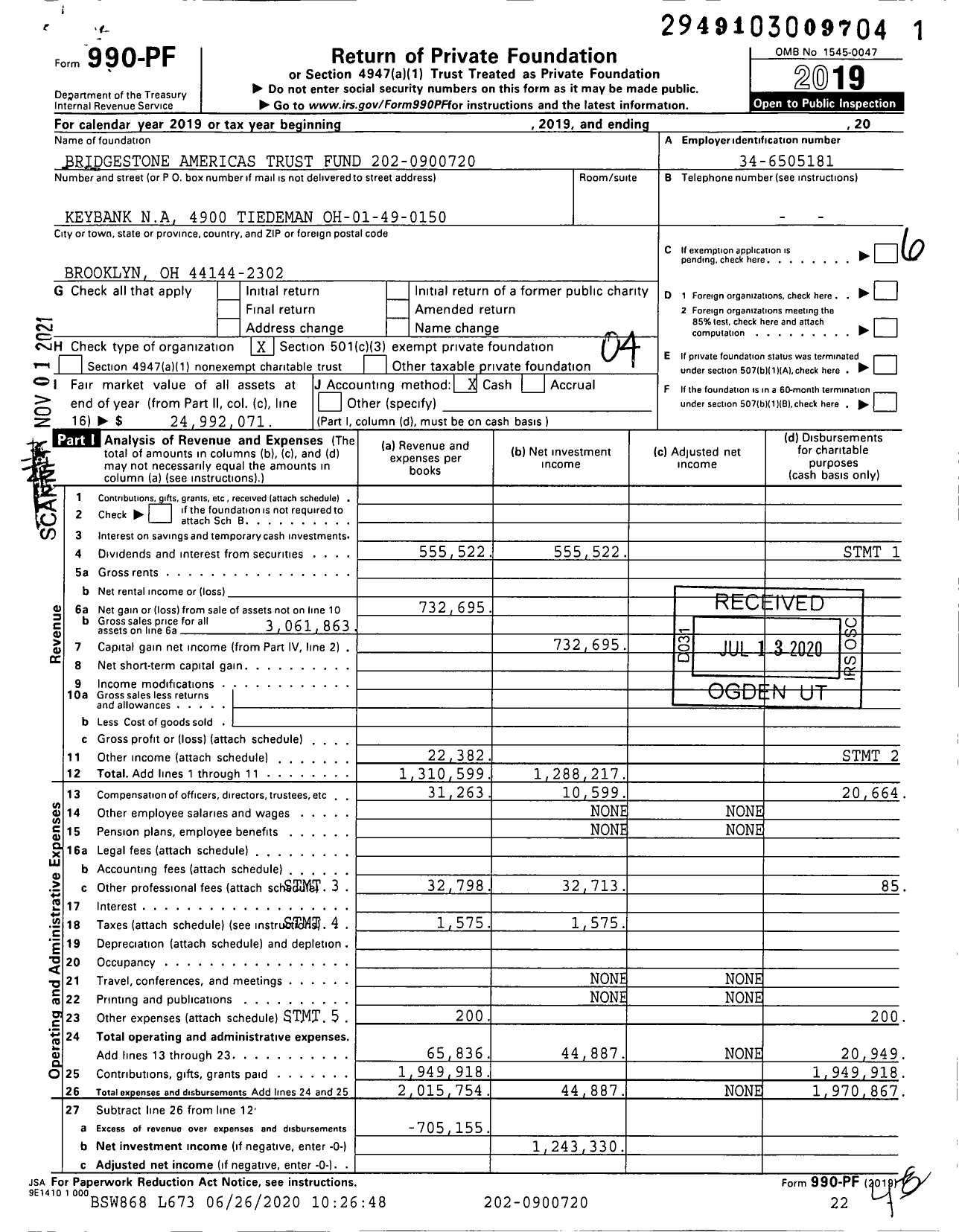 Image of first page of 2019 Form 990PF for Bridgestone Americas Trust Fund