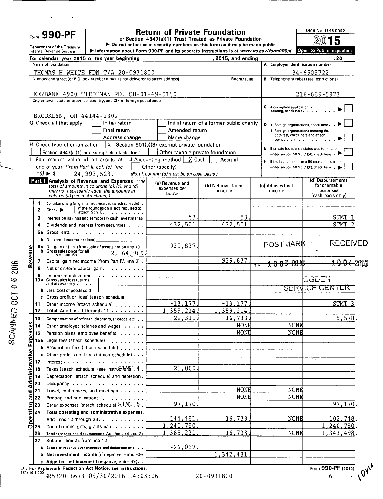 Image of first page of 2015 Form 990PF for Thomas H White Foundation Ta