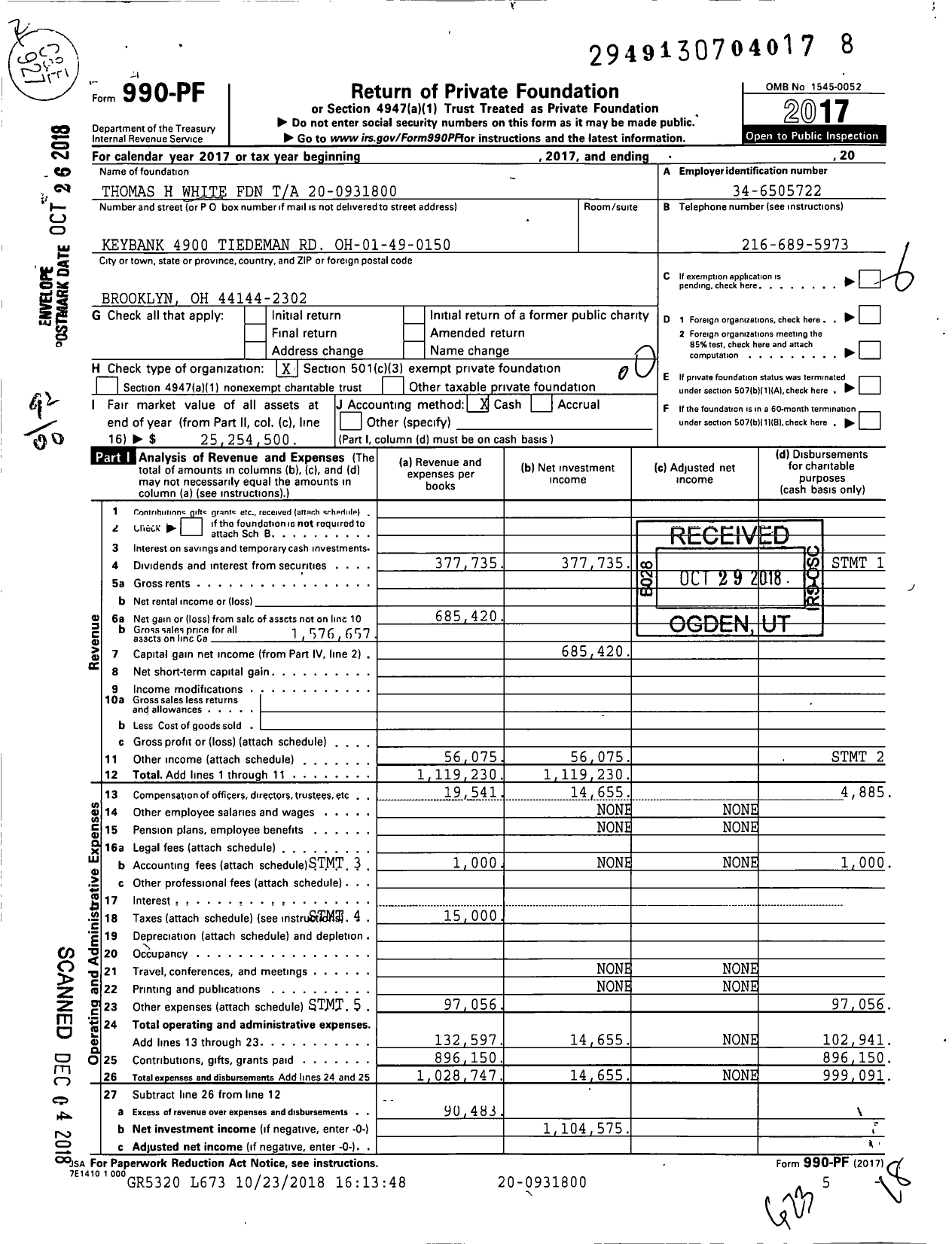 Image of first page of 2017 Form 990PF for Thomas H White Foundation Ta