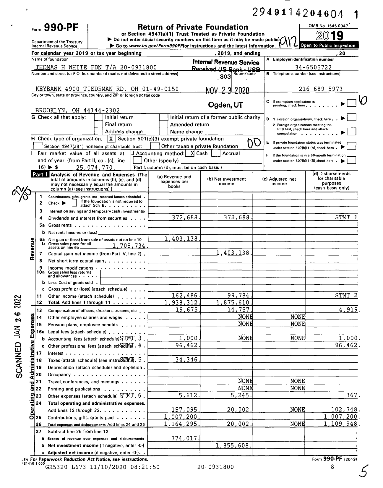 Image of first page of 2019 Form 990PF for Thomas H White Foundation Ta
