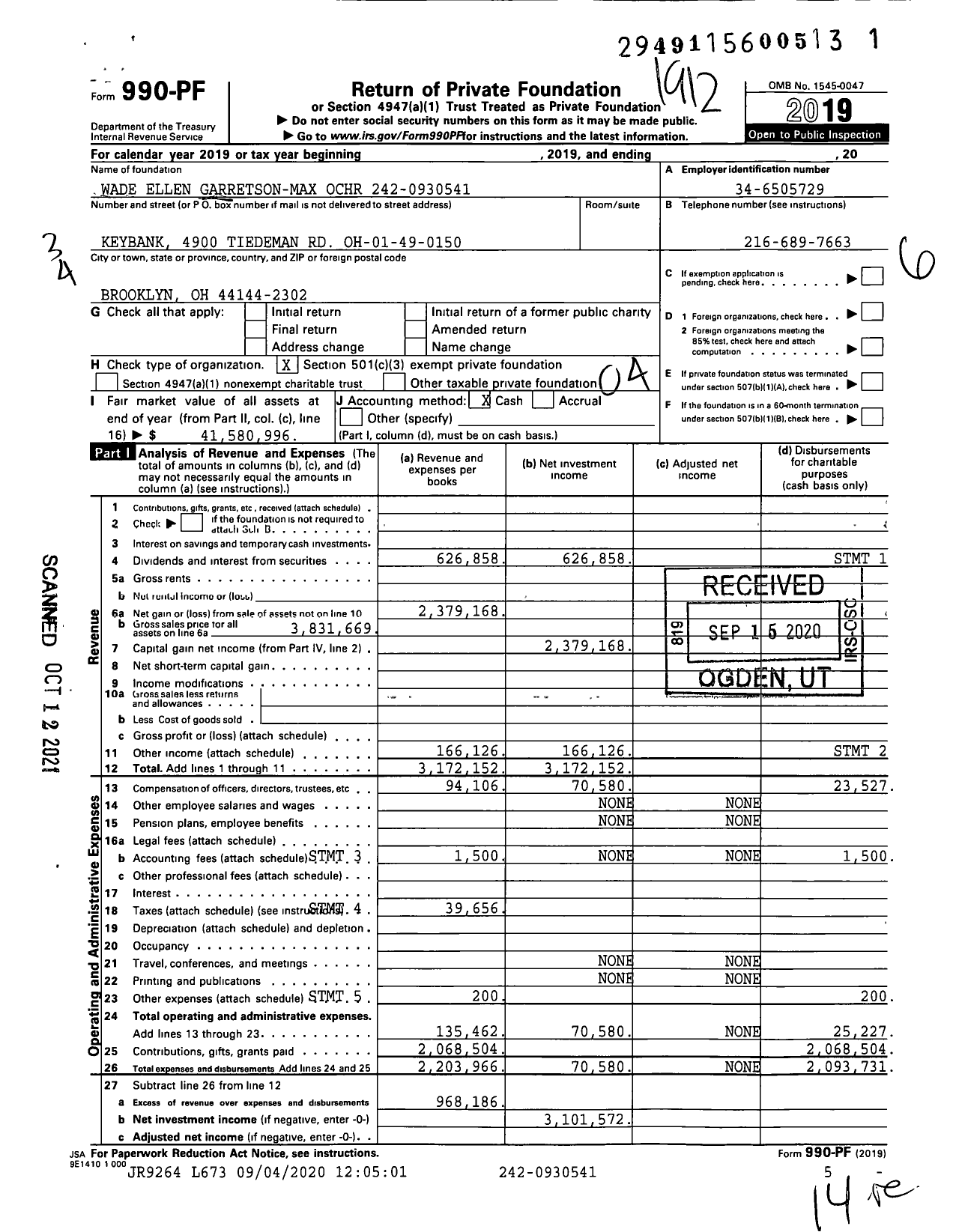 Image of first page of 2019 Form 990PF for Wade Ellen Garretson Ochr