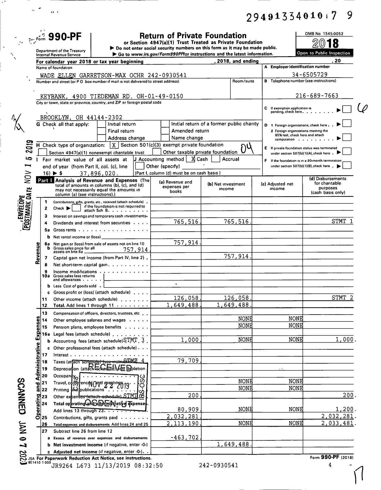 Image of first page of 2018 Form 990PF for Wade Ellen Garretson Ochr