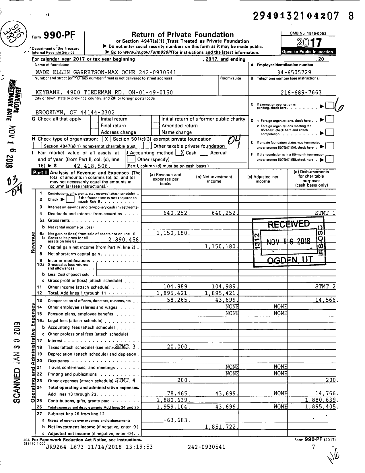 Image of first page of 2017 Form 990PF for Wade Ellen Garretson Ochr