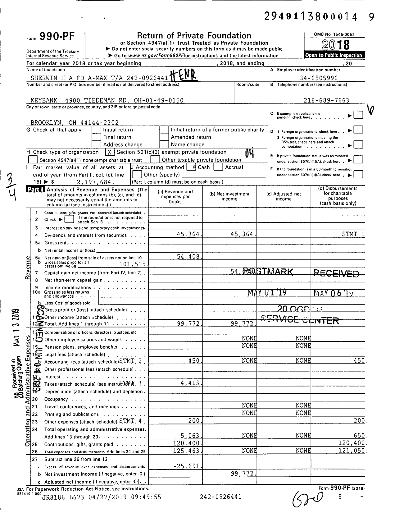 Image of first page of 2018 Form 990PF for Henry A Sherwin Fund A