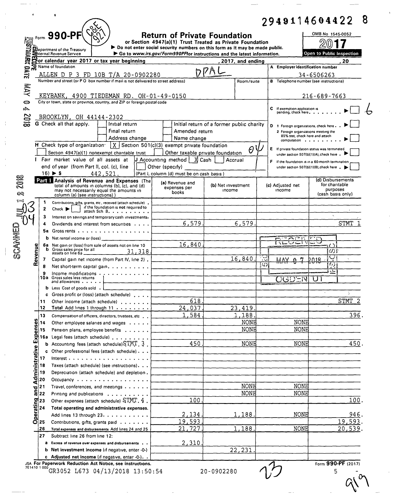 Image of first page of 2017 Form 990PF for D P Allen TR 3 Fund 10-B