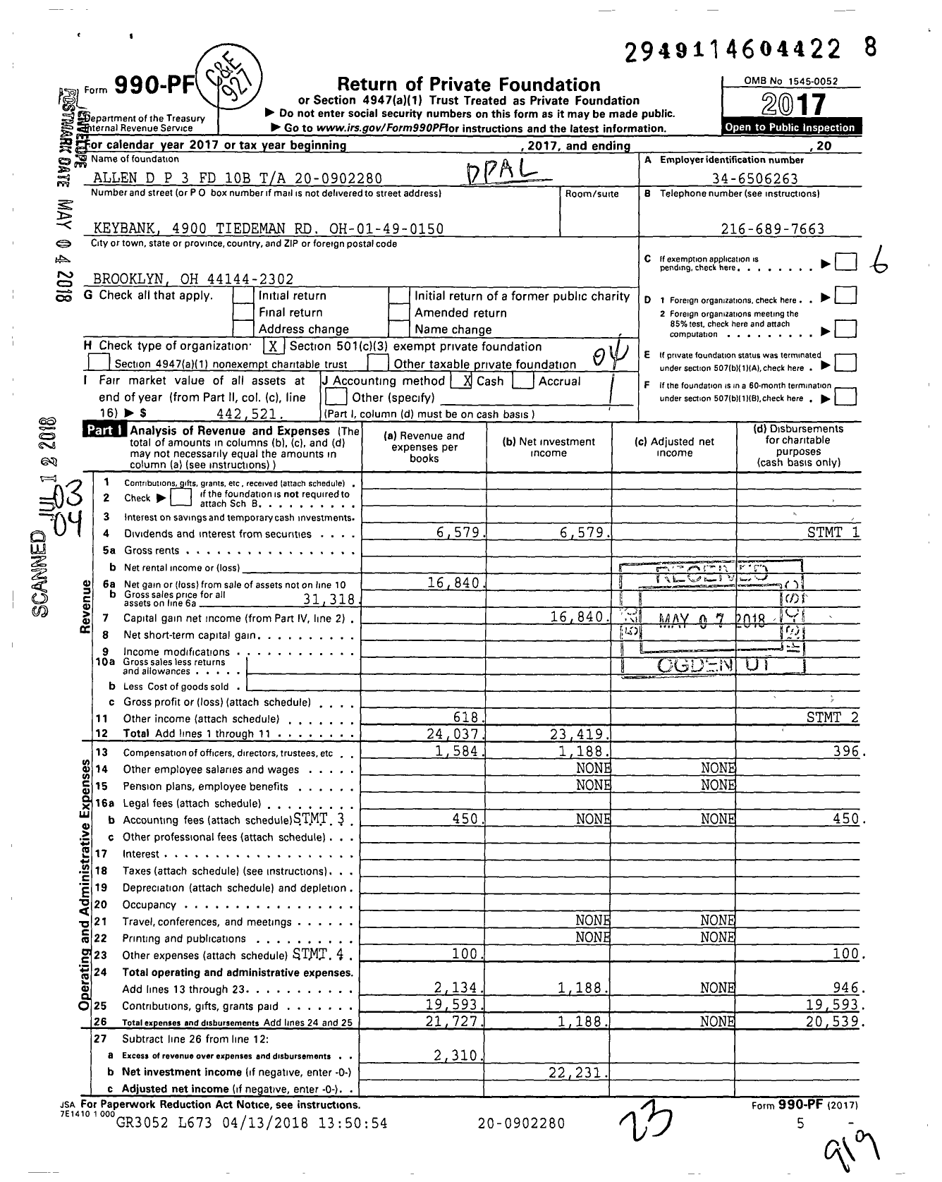 Image of first page of 2017 Form 990PF for D P Allen TR 3 Fund 10-b