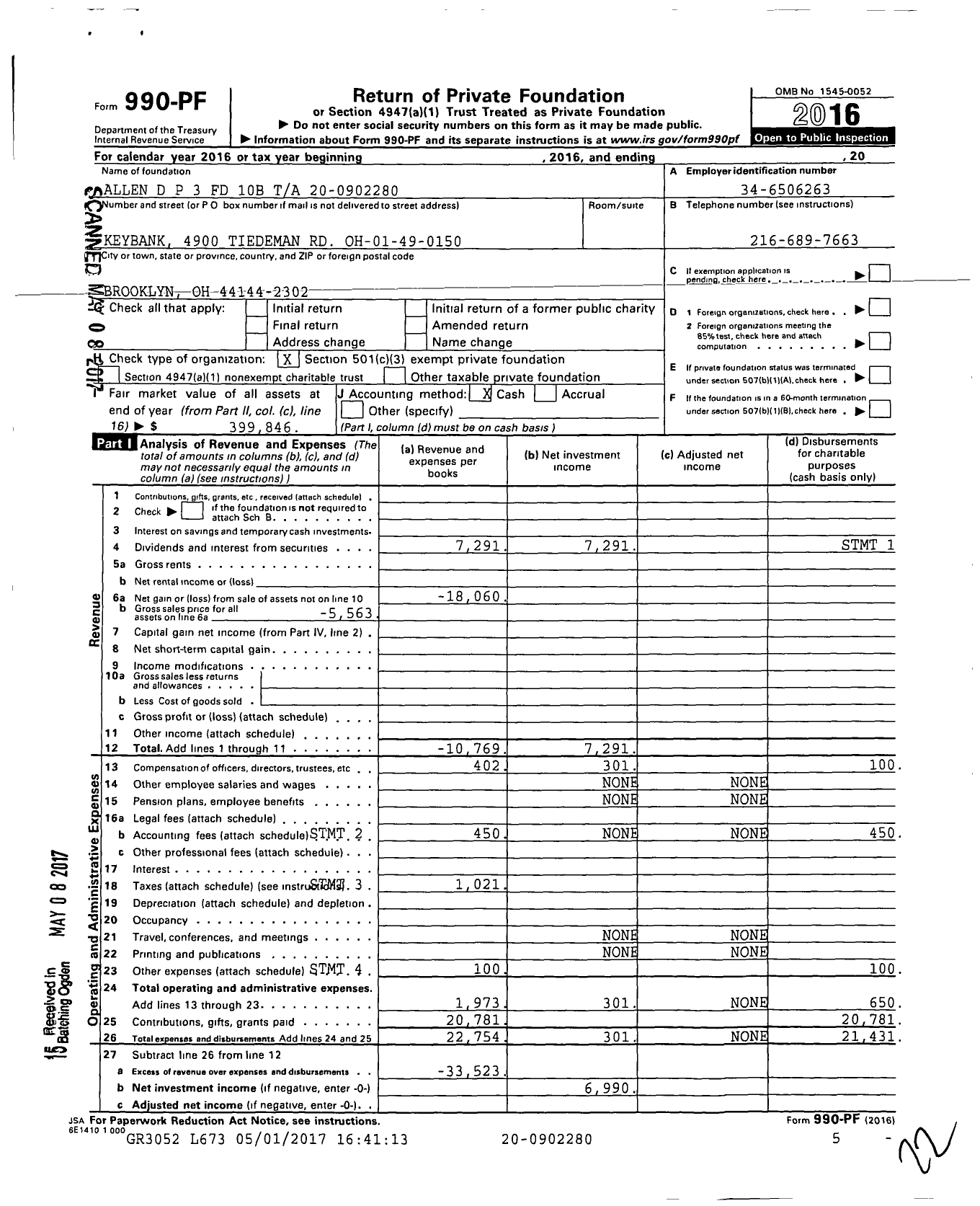 Image of first page of 2016 Form 990PF for D P Allen TR 3 Fund 10-b