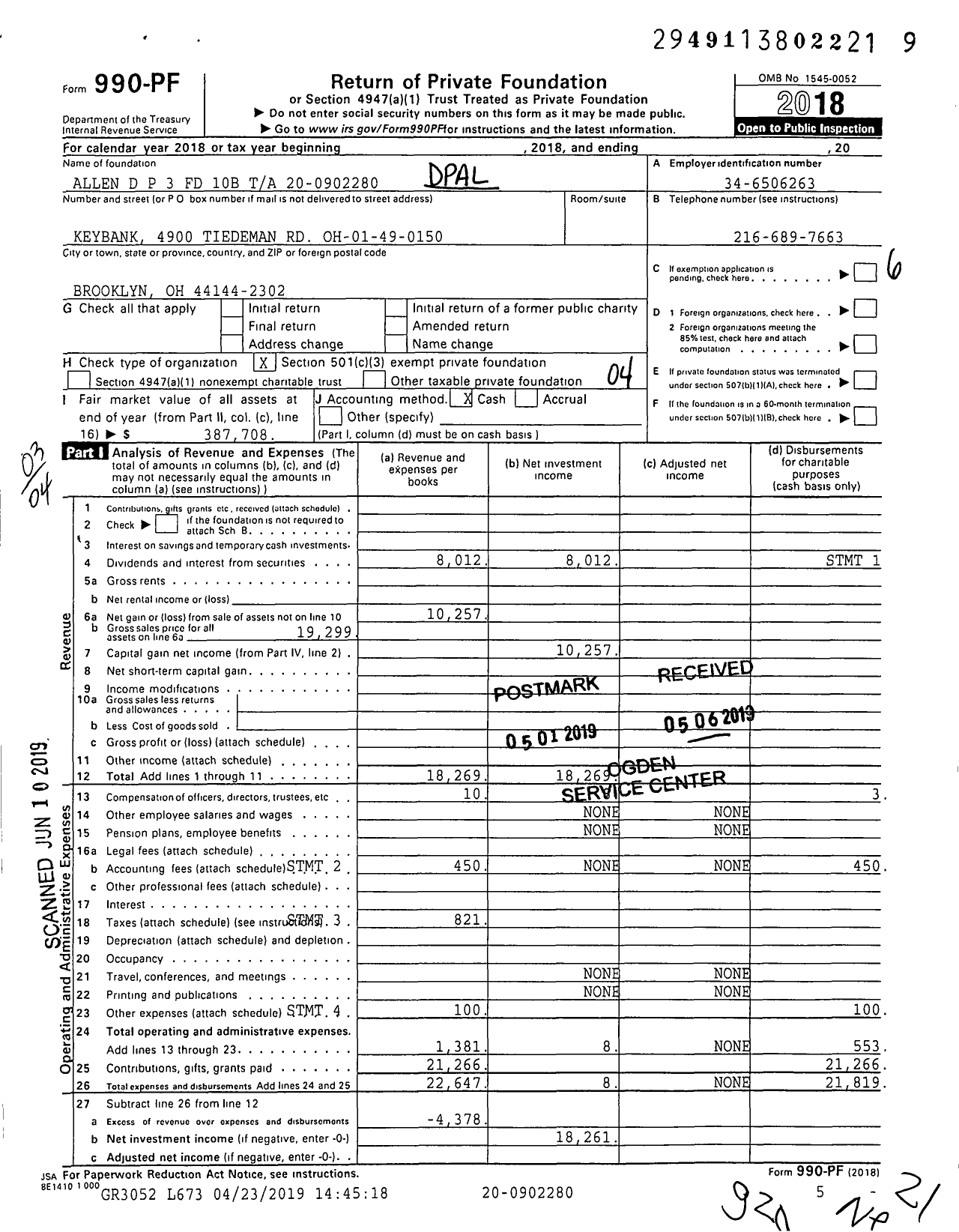 Image of first page of 2018 Form 990PF for D P Allen TR 3 Fund 10-B