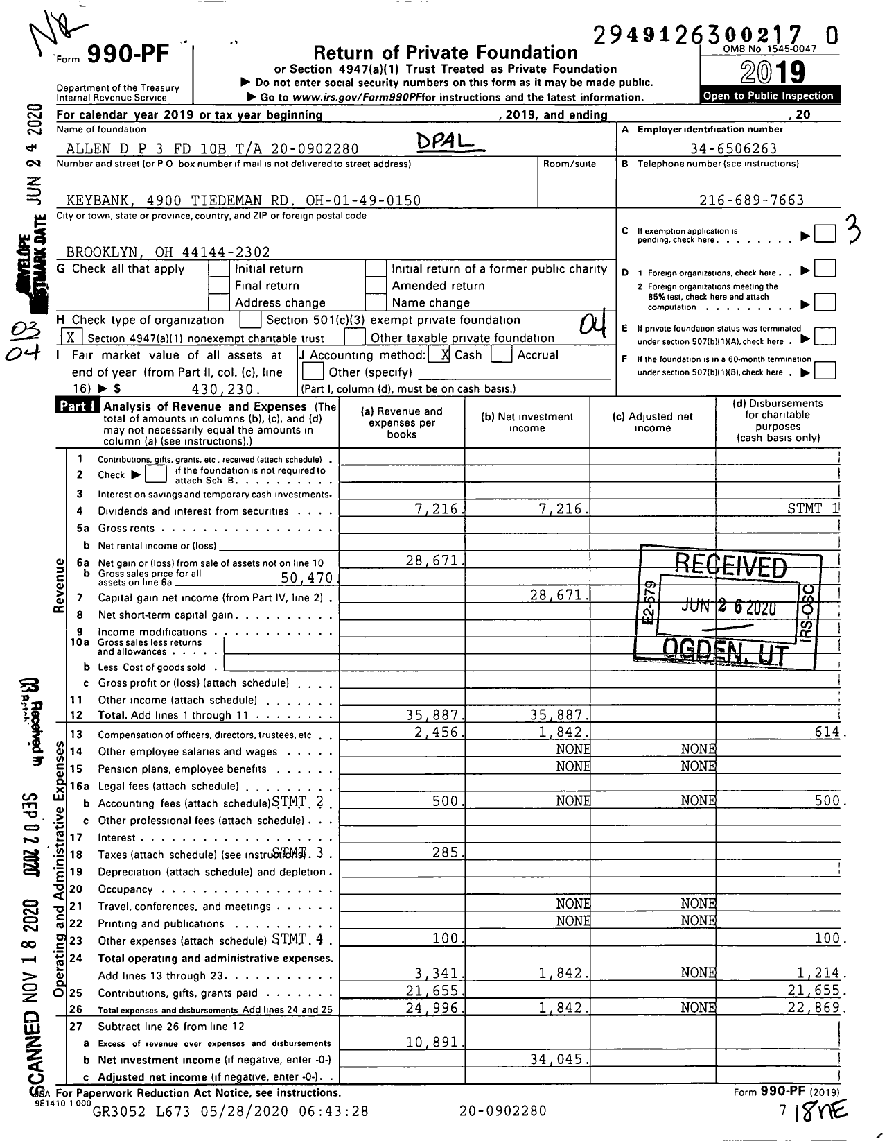 Image of first page of 2019 Form 990PF for D P Allen TR 3 Fund 10-B