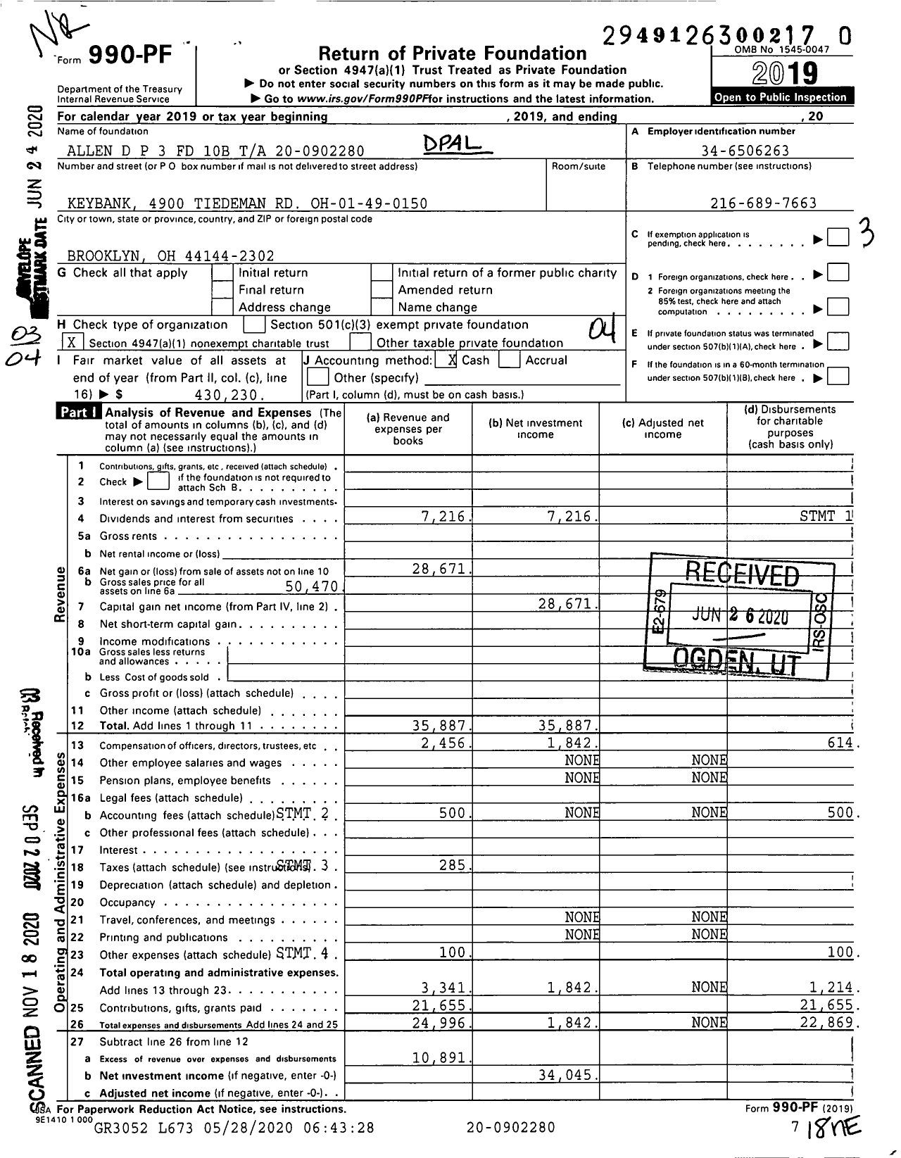 Image of first page of 2019 Form 990PF for D P Allen TR 3 Fund 10-b