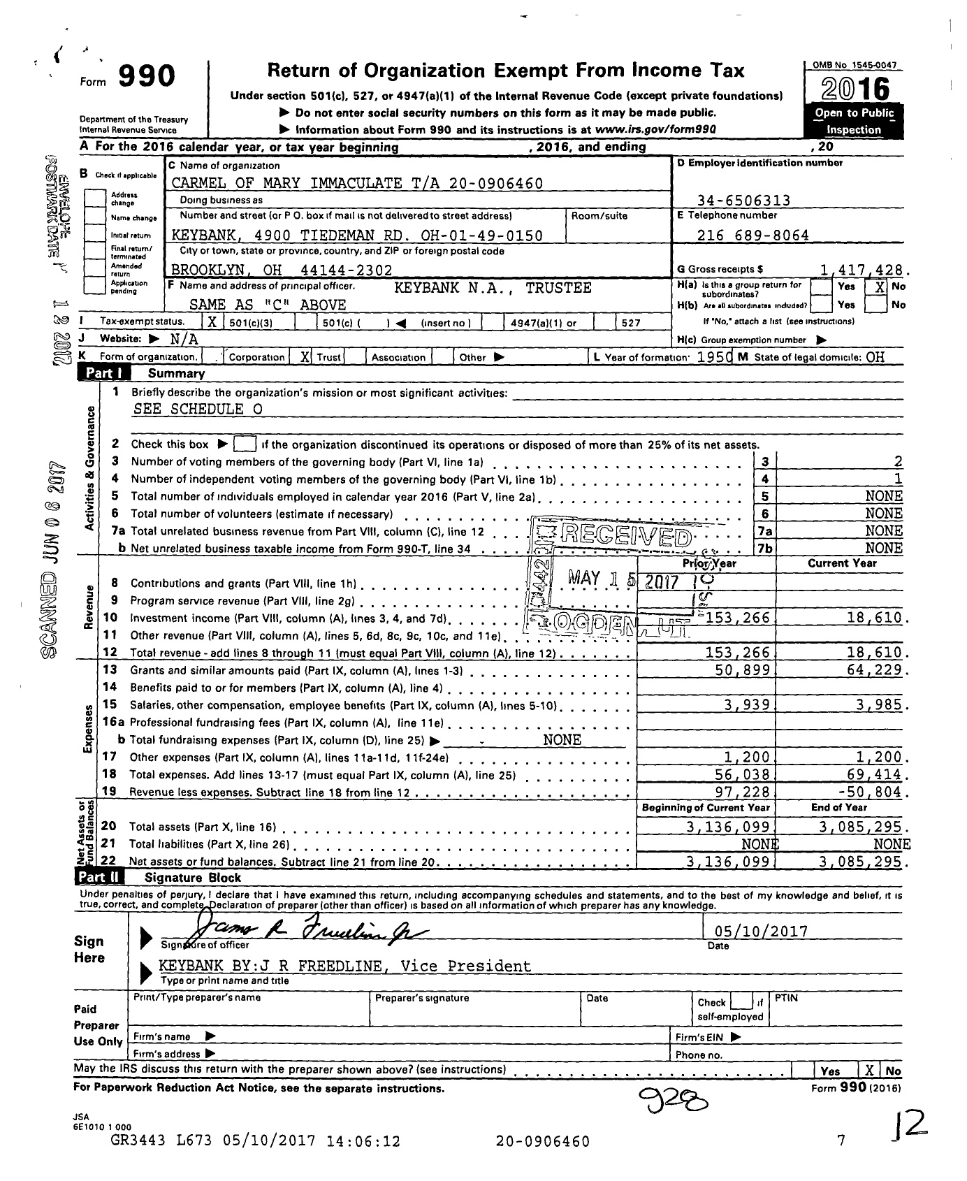 Image of first page of 2016 Form 990 for Carmel of Mary Immaculate Ta