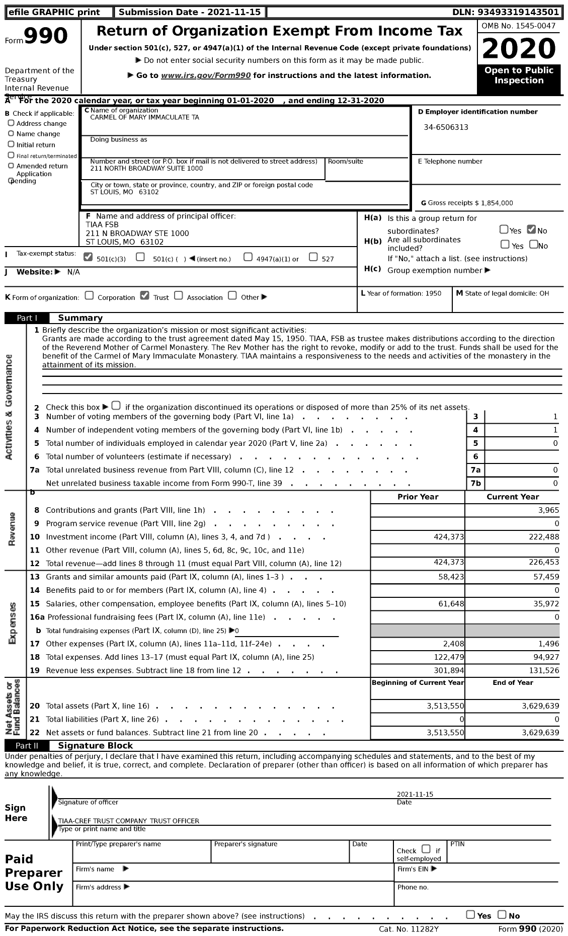 Image of first page of 2020 Form 990 for Carmel of Mary Immaculate Ta